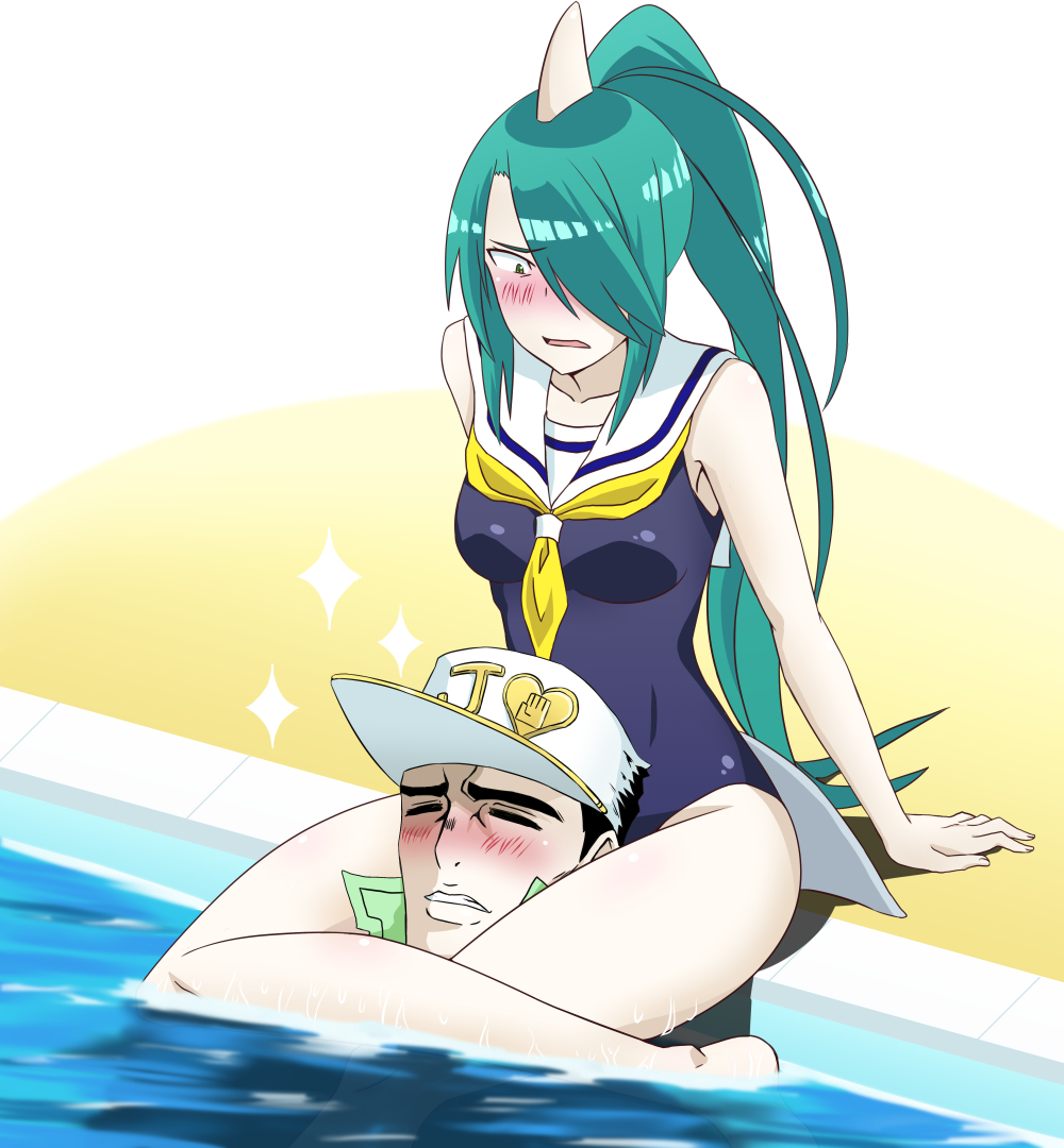 1boy 1girls 2020 awesumusprime bando_ruka bare_legs black_hair blush breasts closed_eyes clothing crossover diamond_is_unbreakable dolphin_girl eyebrows_visible_through_hair feet female fins green_eyes green_hair hair_over_one_eye hat head_between_thighs headscissor heart highres jojo's_bizarre_adventure jotaro_kujo long_hair long_ponytail male matching_hair/eyes medium_breasts meme murenase!_seton_gakuen one-piece_swimsuit open_mouth partially_submerged pleasured ponytail pool poolside short_hair sitting sparkle surprised swimsuit teeth thick_eyebrows thick_thighs thighs tongue uniform water yaranaika