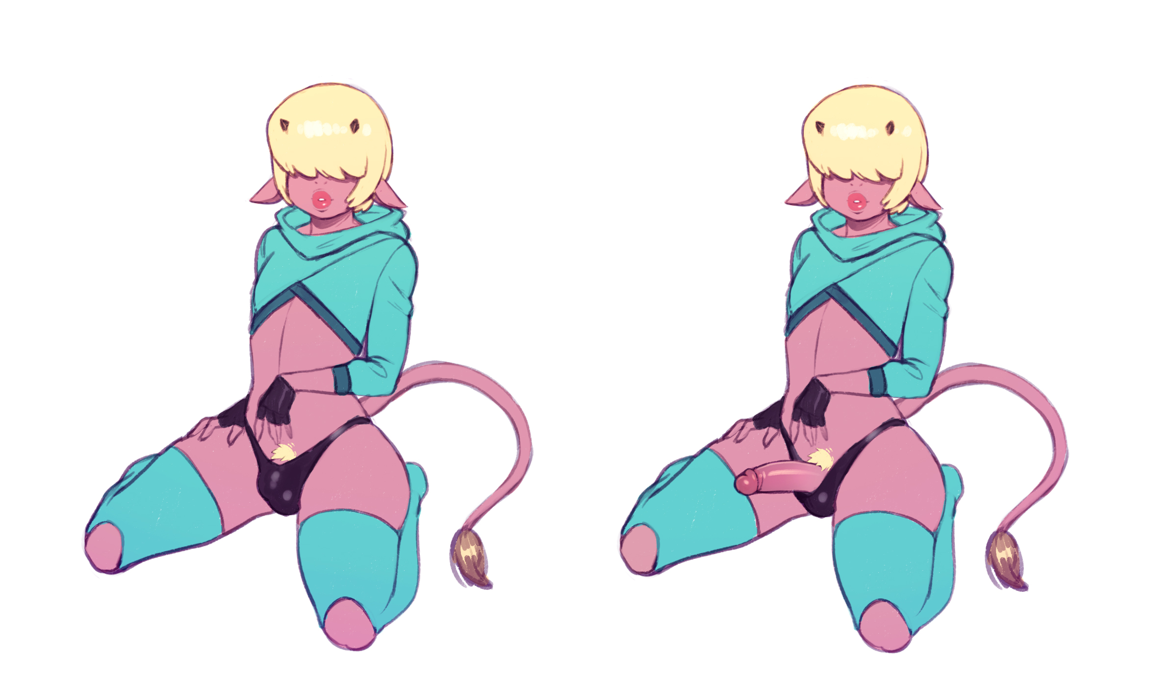 1boy, 2020, animal humanoid, blonde hair, bulge, character request, cropped hoodie, erection, femboy, hair over eyes, hoodie, kneeling, lips, male, male only, original, original character, penis, penis out, pose, pubes, rizdraws, smooth penis, solo, tail, thighhighs, thong, uncensored, wariza, white background, yaoi