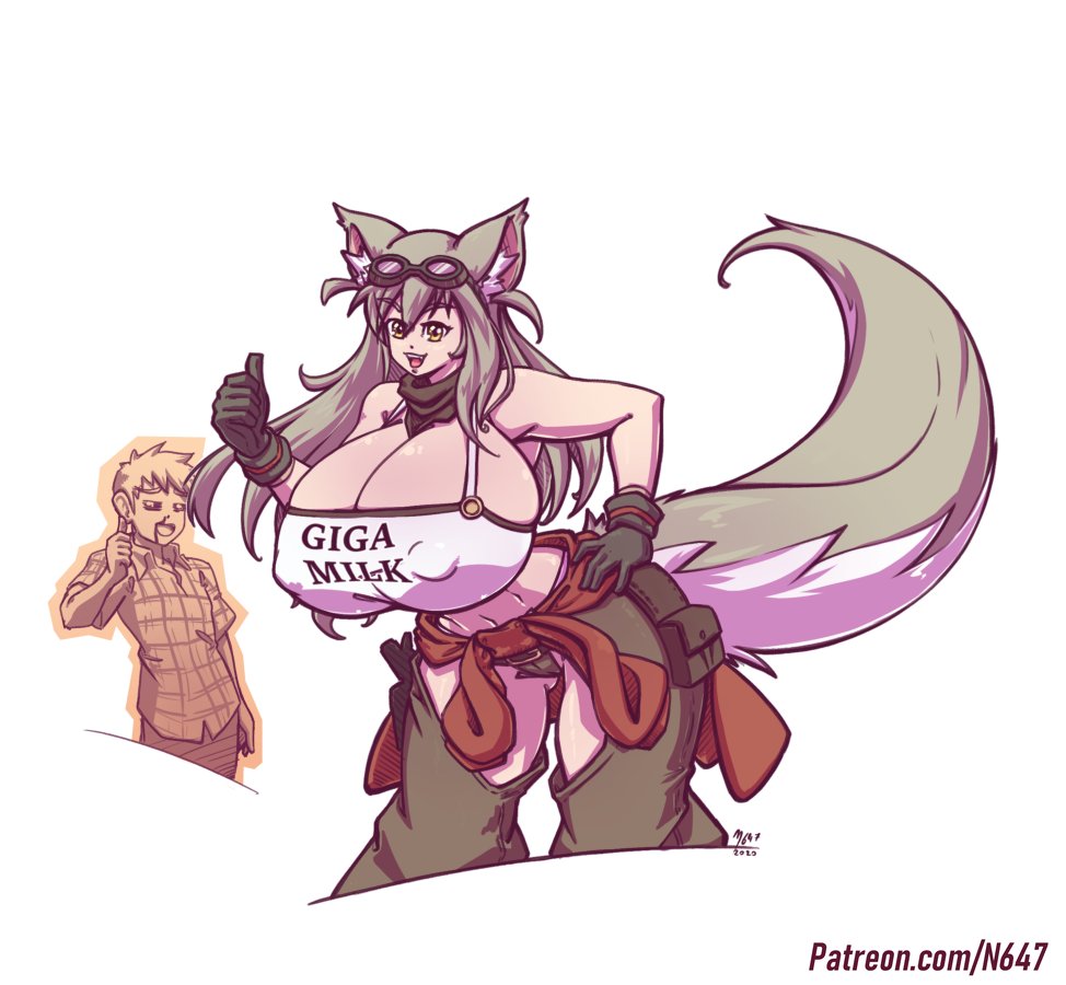 1boy 1girls ass ass_visible_through_thighs big_ass big_breasts big_nipples breasts cleavage color fox_ears fox_tail giga_milk huge_breasts huge_tail kemonomimi lily_the_fox_mechanic looking_at_viewer lost_pause mega_milk n647 nipple_bulge nipples_visible_through_clothing nosebleed simple_background size_difference smile smiling tail taller_female taller_girl thin_waist thumbs_up voluptuous white_background wide_hips