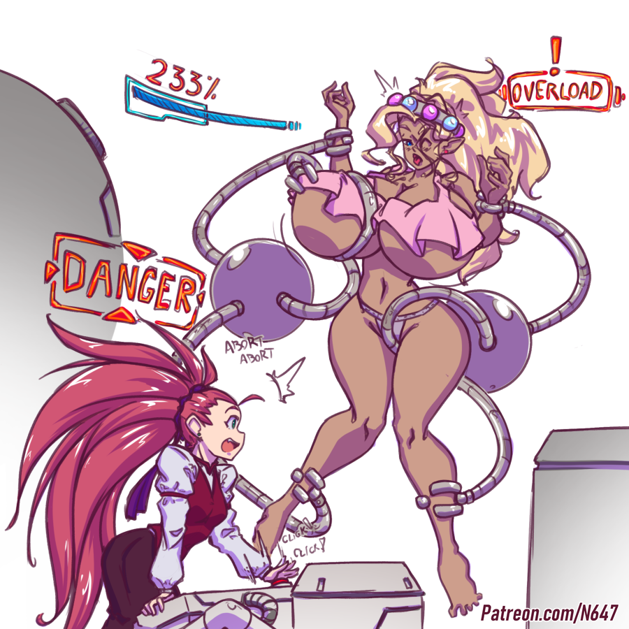 2girls ahe_gao big_ass big_breasts bound bra breast_expansion breast_squeeze breasts color female growth huge_breasts long_hair mihoshi_kuramitsu multiple_girls n647 panties size_difference taller_girl tenchi_muyo! text thick_thighs voluptuous washu_hakubi wide_hips