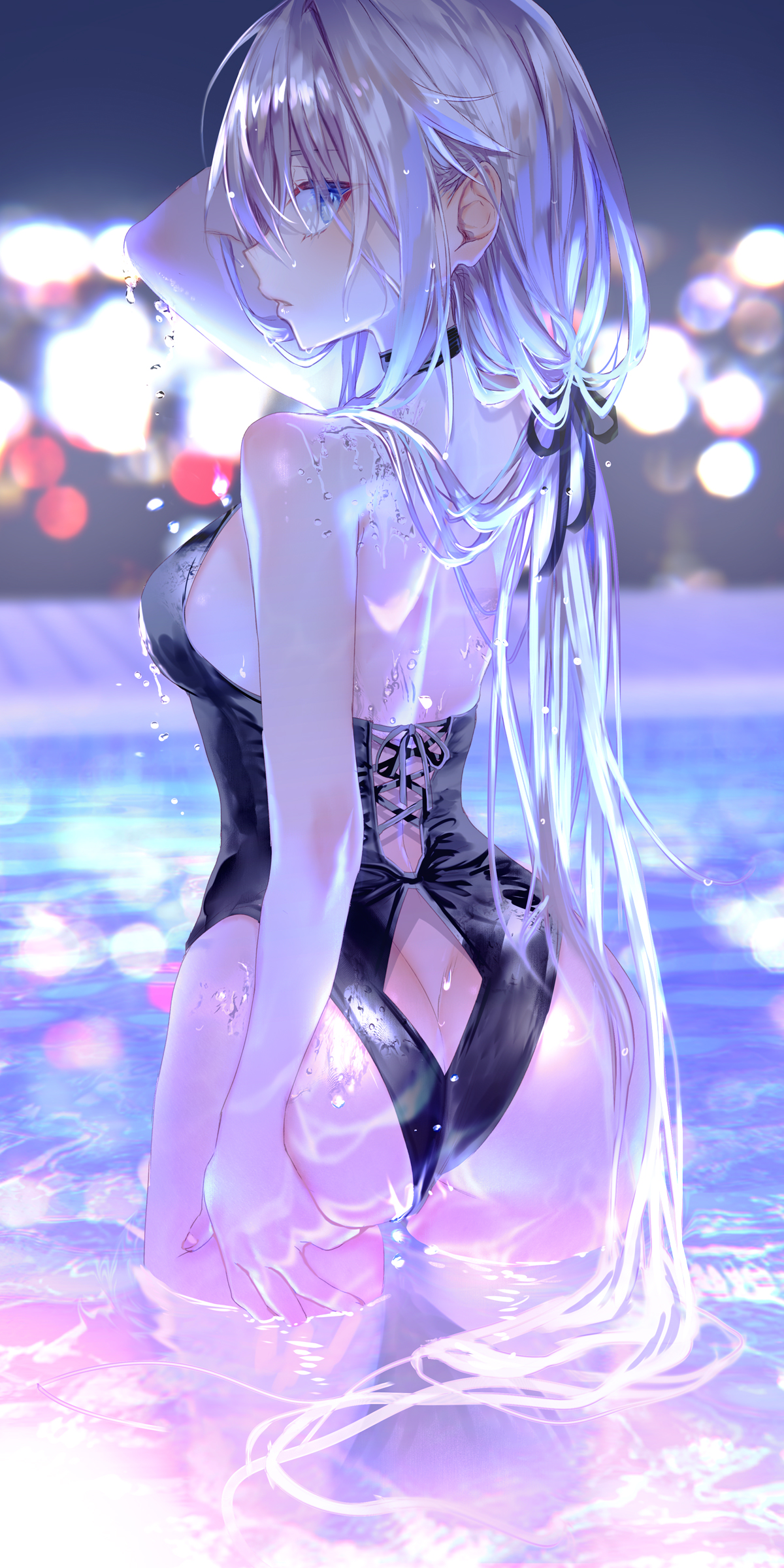 1girls, 9a-91 (girls' frontline), arm up, ass, ass cleavage, ass crack, bangs, black swimsuit, blue eyes, butt crack, eyelashes, female, from behind, girls' frontline, hair between eyes, hair ribbon, one-piece swimsuit, partially submerged, pottsness, silver hair, swimming pool, swimsuit, water, wet, wet hair, white hair