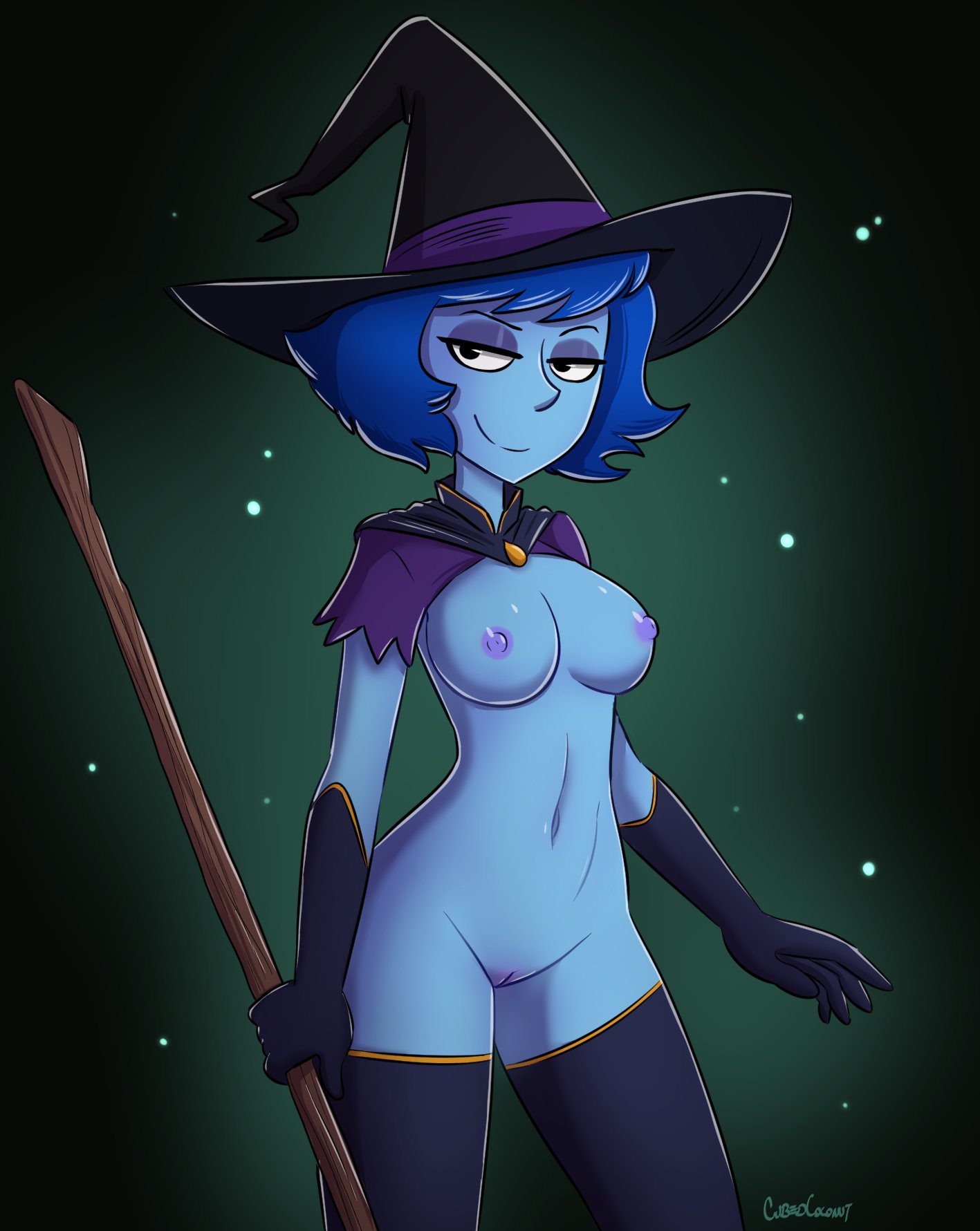 blue hair, blue skin, breasts, cartoon network, costume, cubedcoconut, eyeshadow, female, female only, gem (species), gloves, lapis lazuli (steven universe), looking at viewer, nipples, pussy, short hair, simple background, smile, solo, standing, steven universe, thighhighs, vulva, witch hat