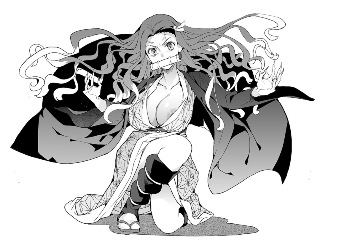 angry face, areola slip, azukiko, big breasts, black and white, breasts, demon slayer, female, female focus, female only, greyscale, haori, hirotsuki5, japanese clothes, kamado nezuko, kimetsu no yaiba, kimono, long hair, looking at viewer, looking away, monochrome, nipple bulge, nipples visible, no bra, sandals, solo, visible nipples