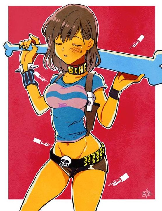 1girls, 2d, artist request, artist signature, belt, blush, blushing, bones, brown hair, choker, closed eyes, collarbone, female, female frisk, female only, female protagonist, frisk, hair, human, human female, human only, raised eyebrows, sans, shorts, skinny, small clothes, solo, sweatdrop, tagme, undertale, undertale (series), weapon, yellow skin