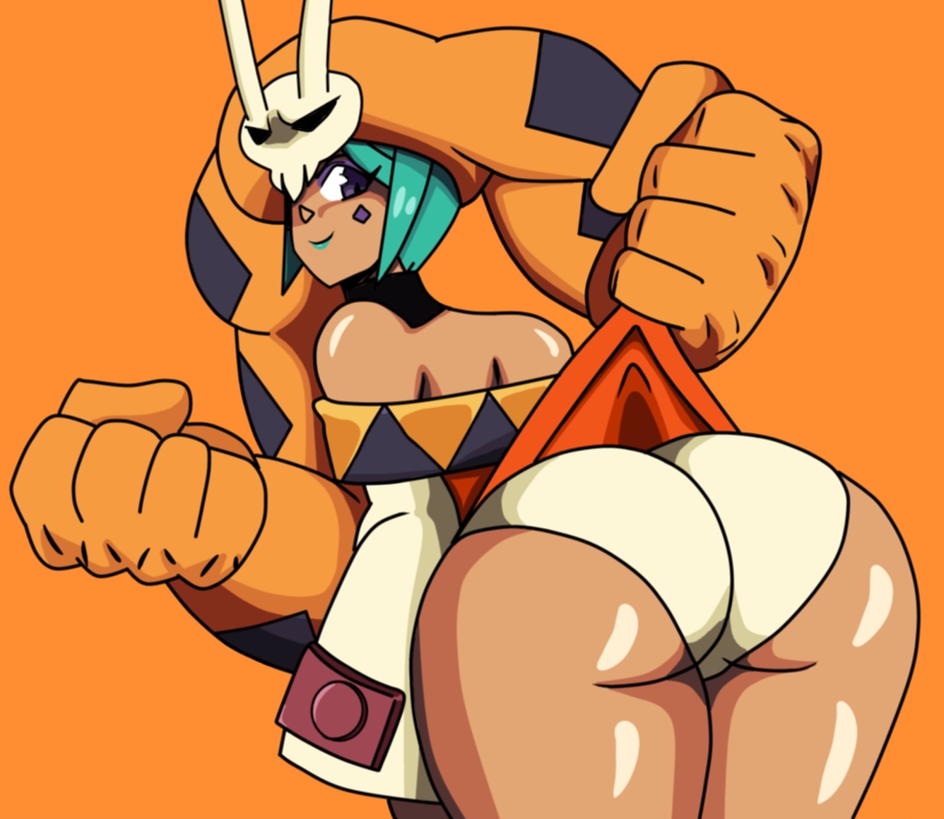 ass, assisted exposure, big ass, cerebella, charge sol, dark skin, exposed, exposed ass, exposed panties, green hair, large ass, looking back, orange background, panties, purple eyes, shiny skin, simple background, skirt lift, skullgirls, thick thighs, thighs, vice-versa, white panties
