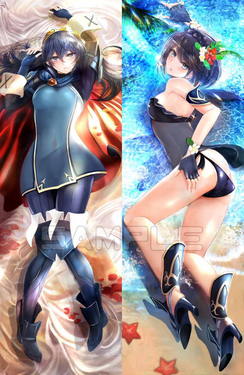 1girls ass back back_view bare_back bare_legs big_ass bikini blue_bikini blue_eyes blue_hair blue_swimsuit dakimakura dakimakura_design female fire_emblem fire_emblem_awakening fire_emblem_heroes high_heels long_hair lucina_(fire_emblem) lucina_(summer)_(fire_emblem) marth_(fire_emblem_awakening) medium_breasts on_back sandals see-through short_hair small_breasts solo solo_female swimsuit tongari