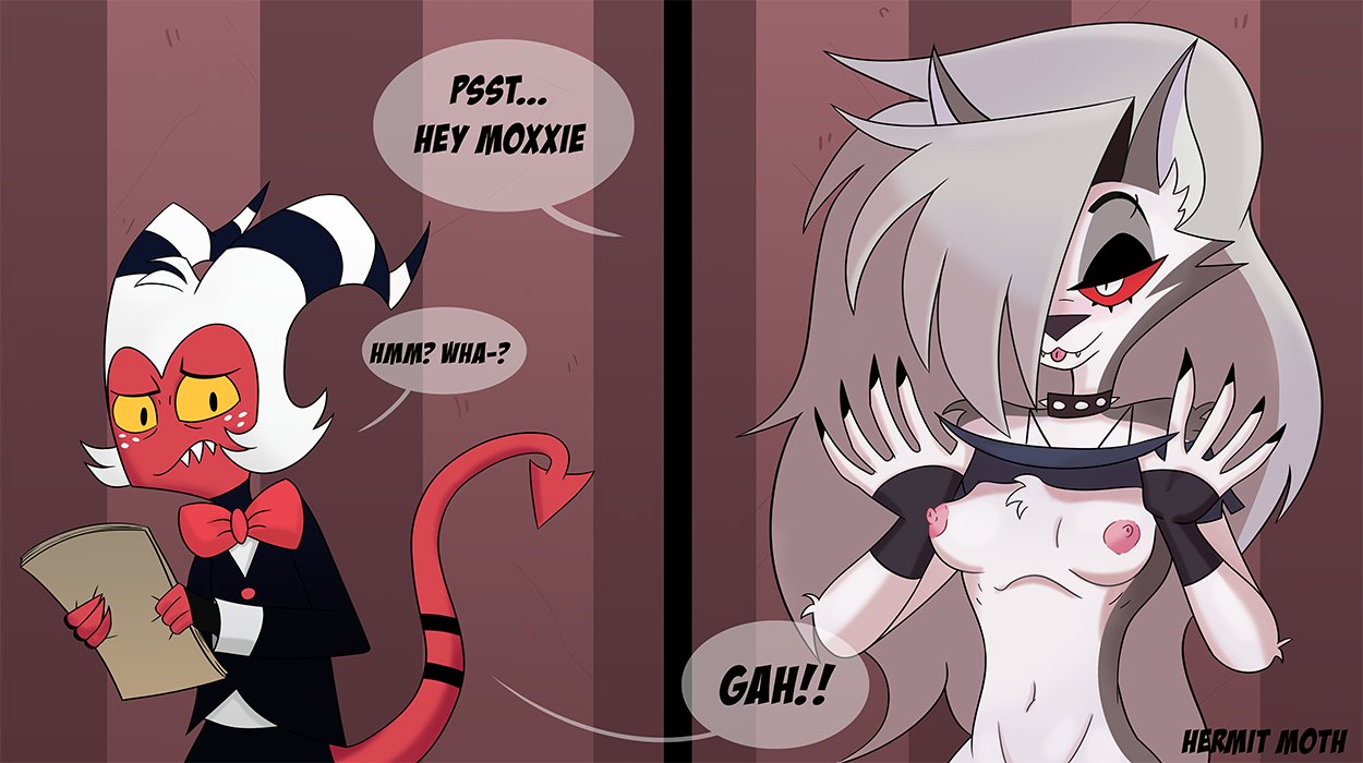 1boy, 1girls, anthro, canine, demon, female, flashing, hellhound, helluva boss, hermitmoth, imp, loona (helluva boss), male, moxxie (helluva boss), raising shirt, red sclera, spindlehorse toons, tagme, teasing, tongue, tongue out, vivienne medrano, vivziepop