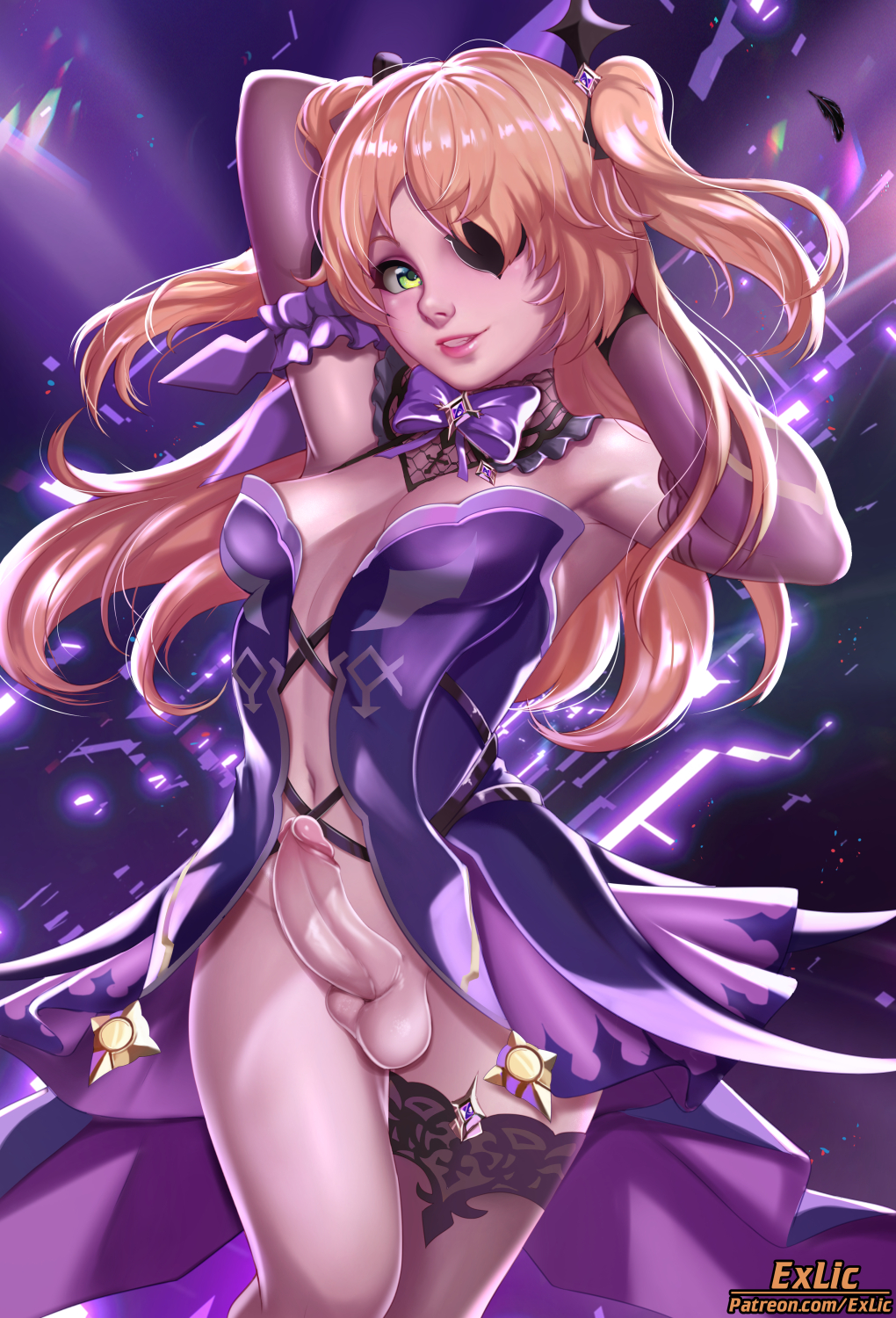 1futa, balls, breasts, dickgirl, erection, exlic, fischl (genshin impact), futa only, futanari, genshin impact, intersex, looking at viewer, penis, solo, solo futa, testicles, thick thighs, wide hips