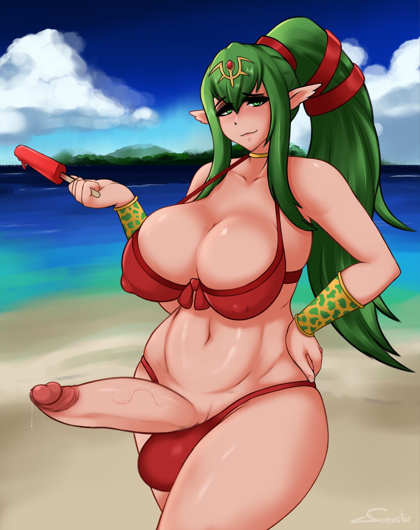 1futa, balls, balls bulge, balls in panties, balls under clothes, beach, bikini, breasts, cleavage, curvy, embarrassed nude futa, erect nipples, erection, female, fire emblem, fire emblem awakening, fire emblem heroes, food, futa only, futa sans pussy, futanari, green eyes, green hair, hand on hip, huge breasts, huge penis, intersex, large balls, looking at viewer, matching hair/eyes, naughty face, nipple bulge, nipples, panties, panty bulge, penis, penis out, pointy ears, popsicle, precum, precum drip, red bikini, red swimsuit, smug, solo, solo female, sorenstarz, swimsuit, thick thighs, tiki (fire emblem), tiki (fire emblem) (adult), wide hips
