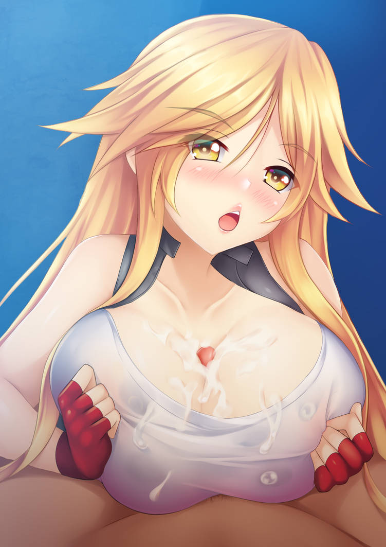 1girls big_breasts blonde_hair clothed cum_on_breasts dark-skinned_male euforianatsumi excessive_cum faceless_male gloves grabbing_own_breast interracial looking_at_viewer milking natsumi_(thundah-strike) open_mouth outercourse paizuri paizuri_under_clothes pov pov_eye_contact yellow_eyes