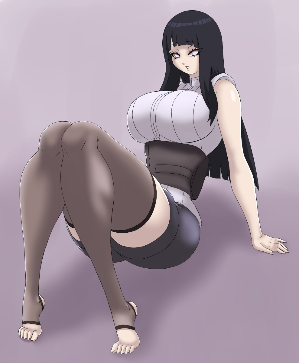 1girls, arm support, barefoot, black hair, breasts, busty, clothing, feet, female, female only, huge breasts, hyuuga hinata, long hair, looking at viewer, naruto, naruto (series), naruto: the last, nexus-sig, sash, shorts, sitting, sleeveless, sleeveless shirt, stirrup legwear, stockings, toeless stockings, toes, violet eyes