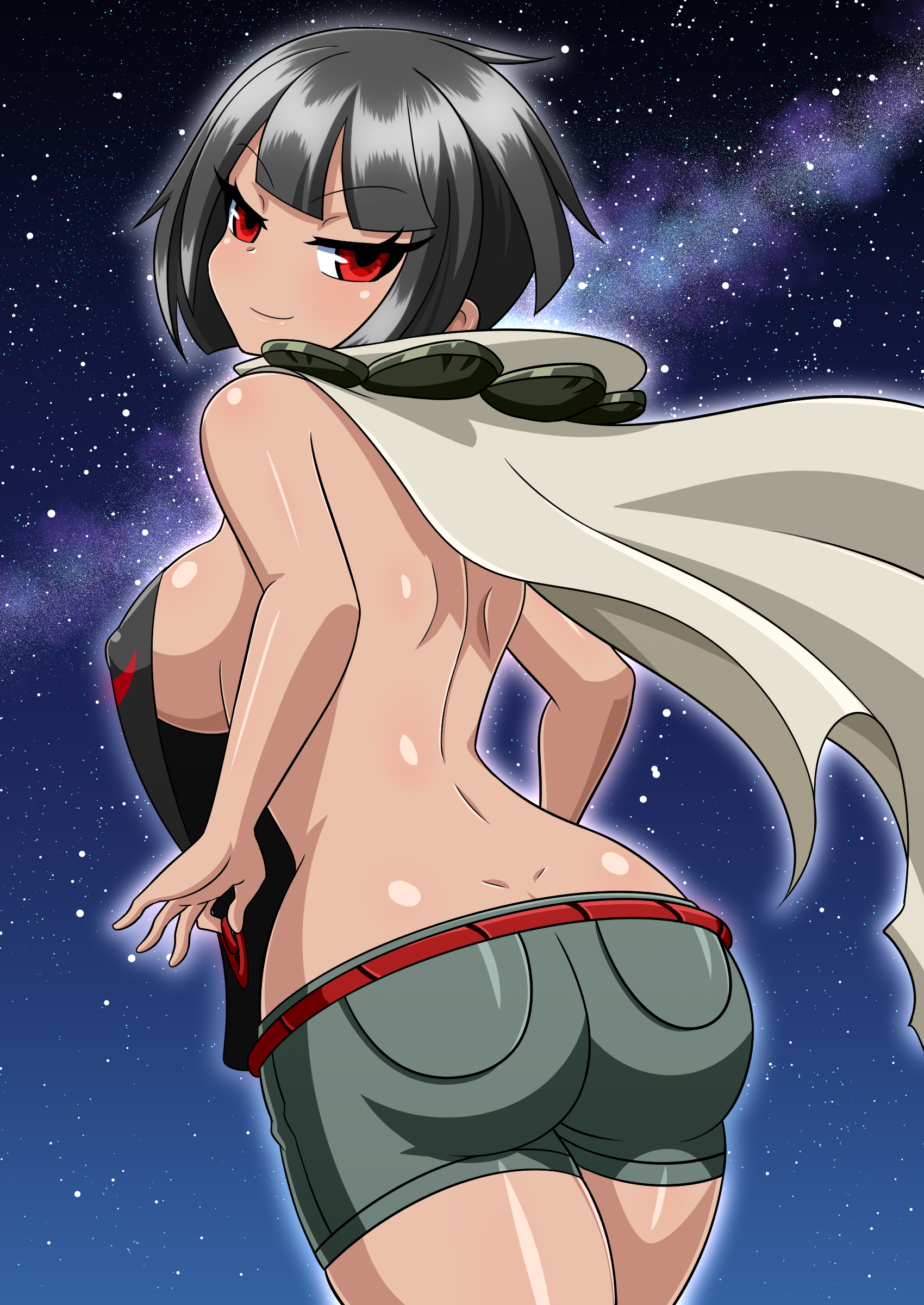 1girls, ass, back view, black hair, breasts, dark skin, dark-skinned female, exposed back, female, female only, game freak, pokemon, red eyes, shiny, shiny skin, solo, thick thighs, thighs, underboob, yensh, zinnia (pokemon)
