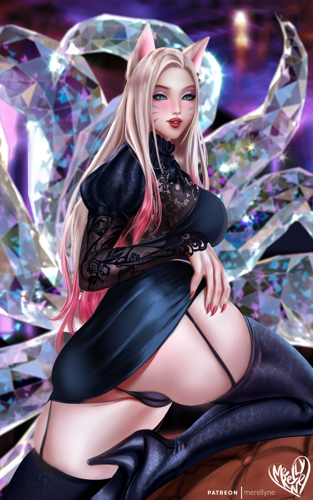 1girls, ahri, black legwear, cameltoe, female, garter straps, k/da ahri, k/da series, league of legends, merellyne, pussy, the baddest ahri, thighhighs