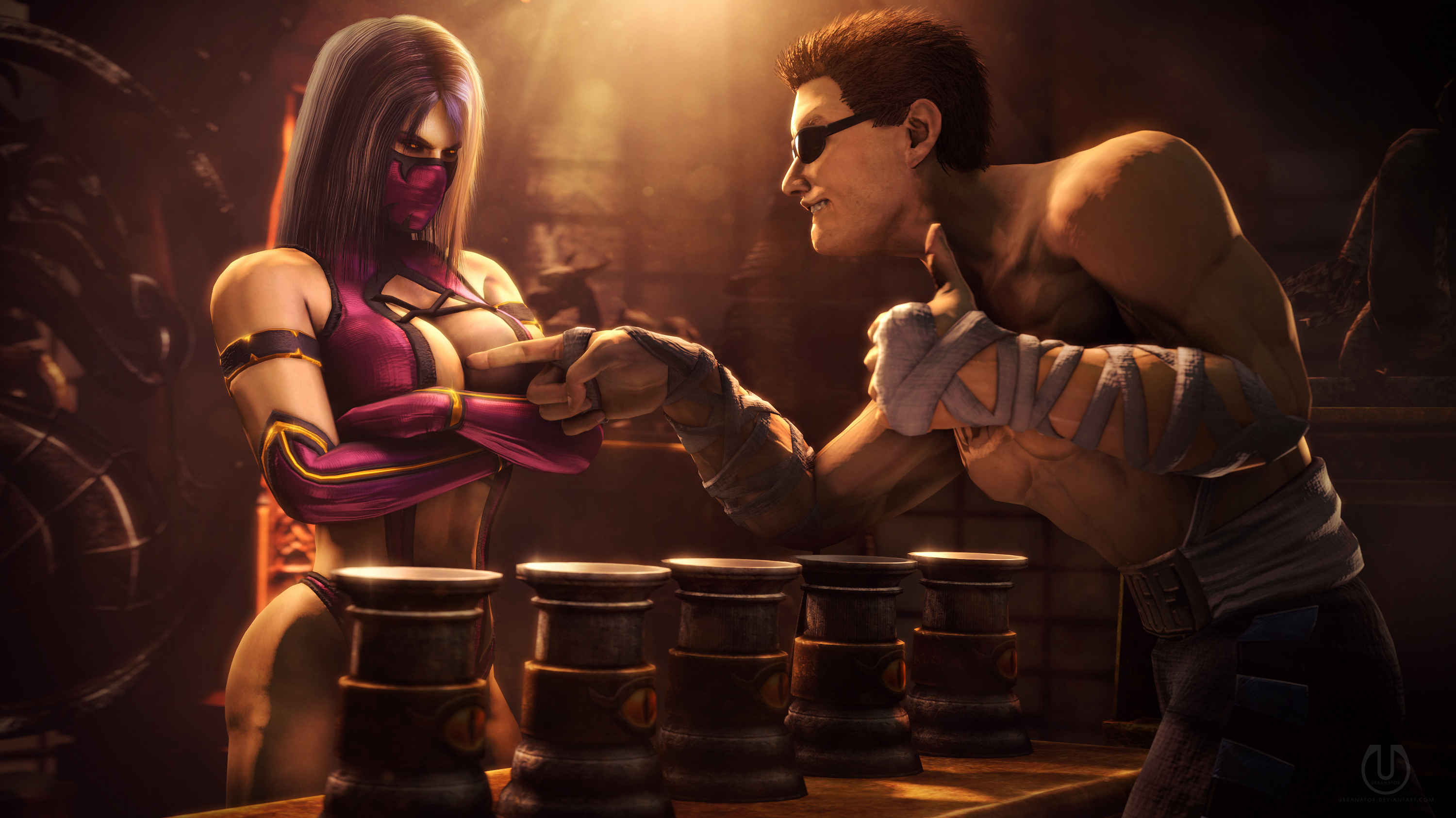 1boy, 1girls, 3d, banskinator, big breasts, black hair, breasts, busty, cleavage, coin, dark hair, edenian, female, huge breasts, hybrid, johnny cage, johnny cage (mk9), large breasts, long hair, male, mask, masked, mileena, mileena (mk9), monster girl, mortal kombat, mortal kombat (2011), netherrealm studios, orange eyes, tarkatan, uncensored, urbanator