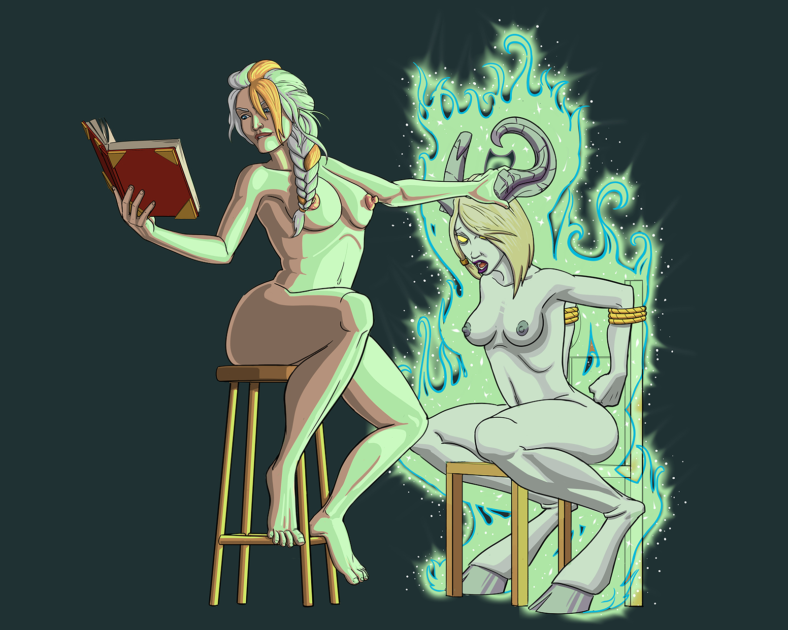 2020, alliance (warcraft), biting lip, blizzard entertainment, blonde hair, bondage, breasts, draenei, e-ward, female, fire, forced, green fire, hooves, horn grab, horns, human mage, jaina proudmoore, mage, mage (warcraft), magic, nipples, nude, nude female, sex slave, tied up, two-tone hair, warcraft, white hair, world of warcraft, yellow hair