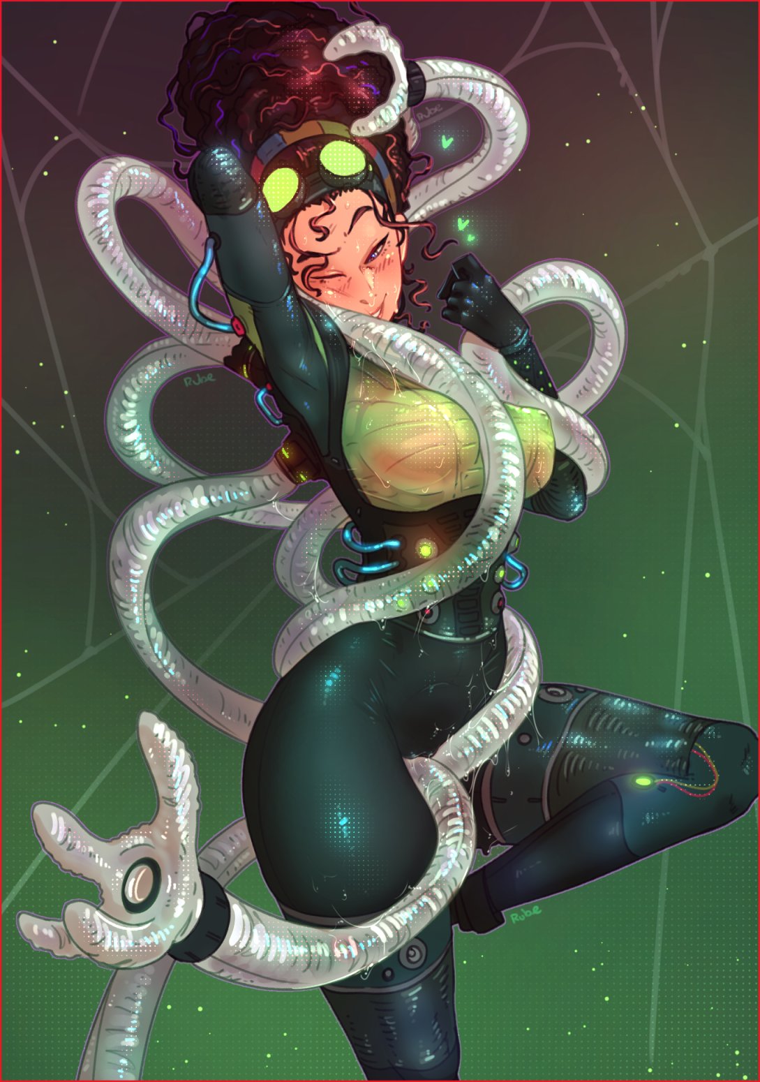 2020 blush bodysuit breasts consensual_tentacles curly_hair female googles hair heart justrube looking_at_viewer machine marvel olivia_octavius pinup plain_background pose raised_leg rube seductive smile spider-man:_into_the_spider-verse spider-man_(series) tentacles thick_thighs wet wink