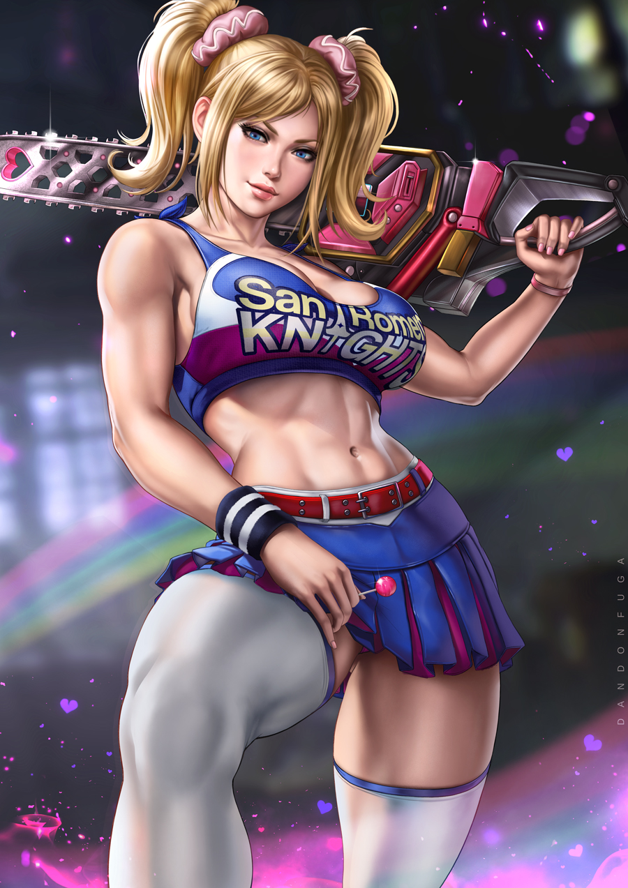 1girls abs alternate_version_available big_breasts bimbo blonde_hair breasts cheerleader cleavage dandon_fuga female female_only juliet_starling large_breasts lollipop_chainsaw muscular_thighs navel pinup realistic solo twintails