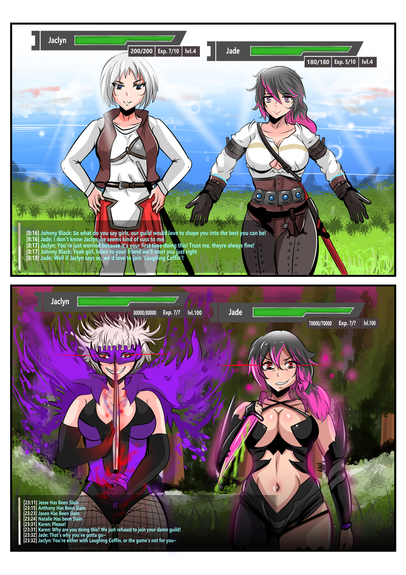 absurdres black_hair comic corruption female_only femsub gloves glowing glowing_eyes happy_trance jaclyn_(corruptionprincess) jade_(aetheria_jade) ladyboots_(vtuber) multicolored_hair original purple_hair short_hair smile text white_hair