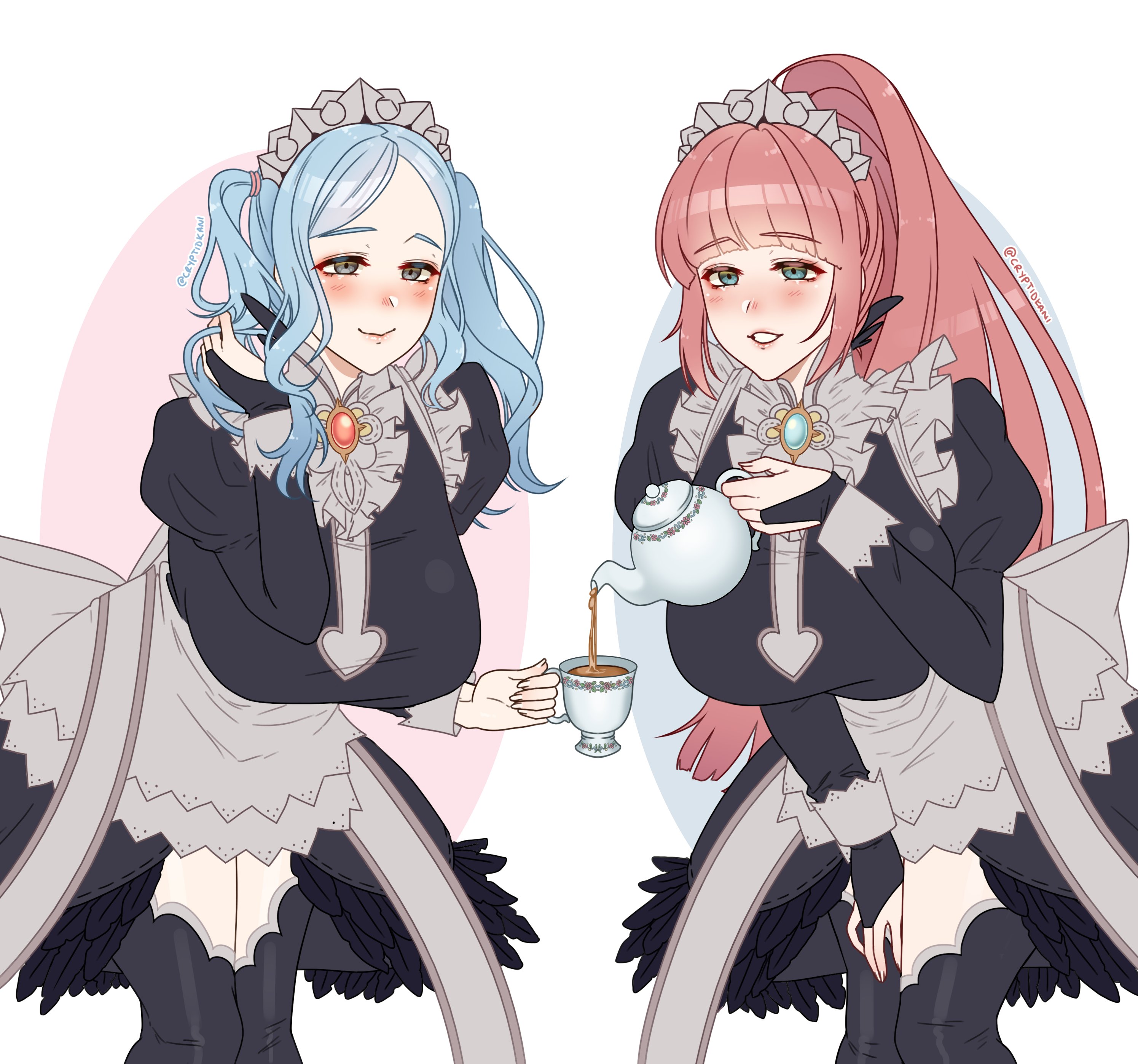 2girls, adjusting hair, big breasts, blue eyes, blue hair, blush, breasts, cryptid crab, felicia (fire emblem), female, female only, fire emblem, fire emblem fates, flora (fire emblem), grey eyes, grin, hand on thigh, huge breasts, inner thighs, large breasts, leaning forward, light blue eyes, light blue hair, long hair, looking at viewer, maid, maid headdress, maid uniform, medium hair, milf, nintendo, pink hair, ponytail, pouring, sisters, smile, tea, teapot, thighhighs
