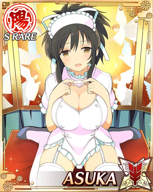 1girls, asuka (senran kagura), bandage, blush, breasts, cleavage, female, garter straps, large breasts, nurse, nurse cap, nurse uniform, senran kagura, solo, yaegashi nan