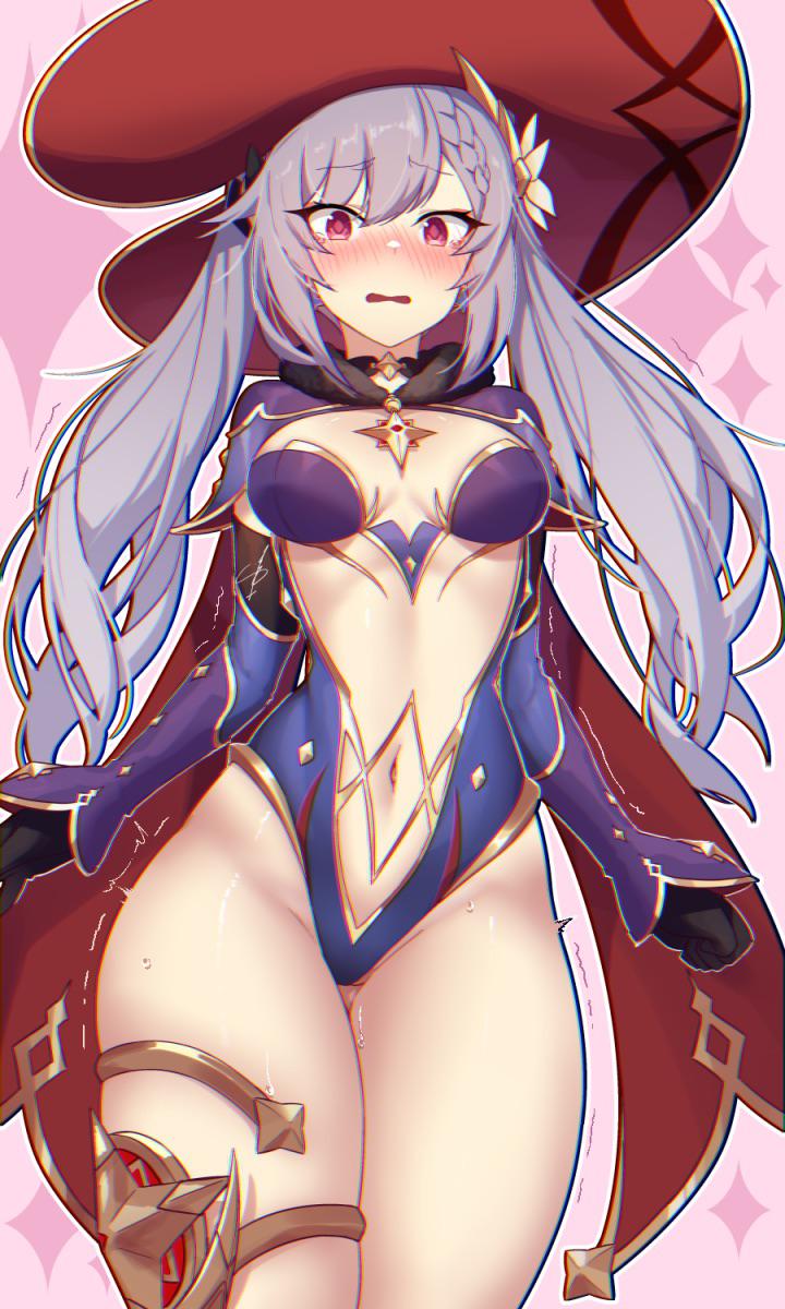 blush, female, genshin impact, hat, keqing (genshin impact), purple hair, thick thighs, twintails, witch hat