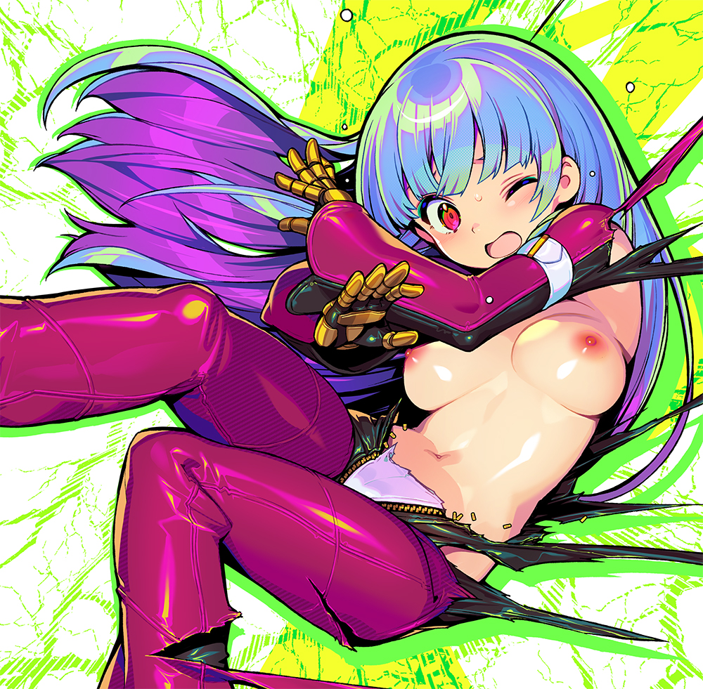 1girls, bangs, blue hair, blunt bangs, blush, breasts, chaps, female, female only, gloves, king of fighters, kula diamond, long hair, long sleeves, medium breasts, navel, nipples, no bra, one eye closed, open mouth, red eyes, shunin, snk, solo, solo female, sweat, torn clothes, two-tone gloves
