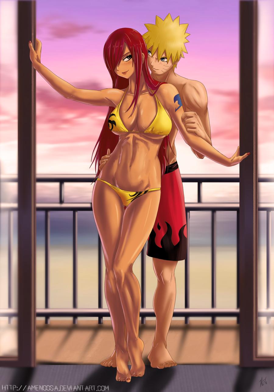 1boy, 1girls, amenoosa, arm tattoo, barefoot, bikini, blonde hair, blonde-haired male, blue eyes, blue tattoo, blush, breasts, brown eyes, cleavage, crossover, erza scarlet, facial markings, fairy tail, fairy tail mark, feet, female, grabbing, grabbing from behind, hair over one eye, hand on waist, looking at another, male, naruto, naruto (series), red hair, red-haired female, shorts, smile, standing, sunset, swimming trunks, tattoo, tattoo on arm, tattooed arm, toes, uzumaki naruto, whisker markings, whiskers