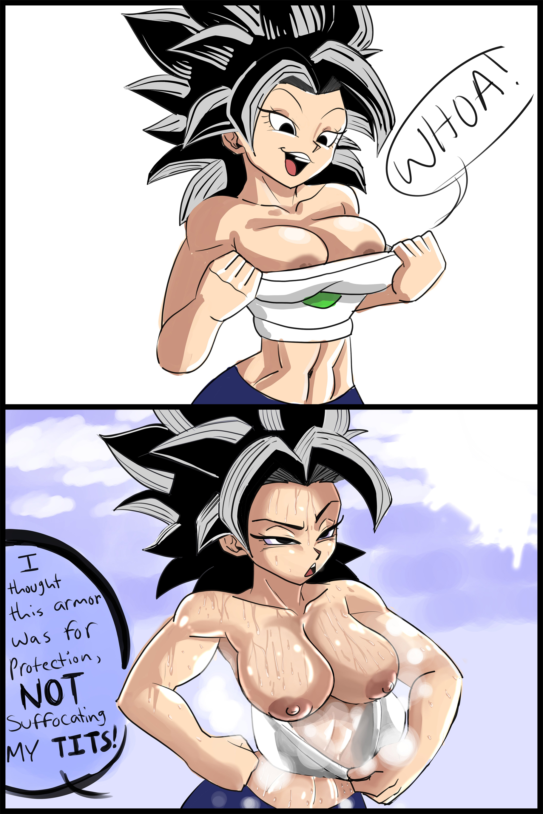 1girls, areolae, areolae slip, armor, big breasts, black eyes, black hair, breasts, breasts out, busty, caulifla, color, colored, dragon ball, dragon ball super, exposed nipples, female, female focus, female only, female saiyan, flashing, hourglass figure, huge breasts, midriff, muscular, muscular female, musk, musk clouds, musky, navel, nipples, no bra, open mouth, pants, pseudocel, saiyan, sex, smell, smelly, solo, speech bubble, spiky hair, steam, steamy, stomach, sweat, sweatdrop, sweating, sweaty, tagme, uncensored, universe 6 saiyan/universe 7 saiyan, universe 6/universe 7, wardrobe malfunction, white background, wide hips