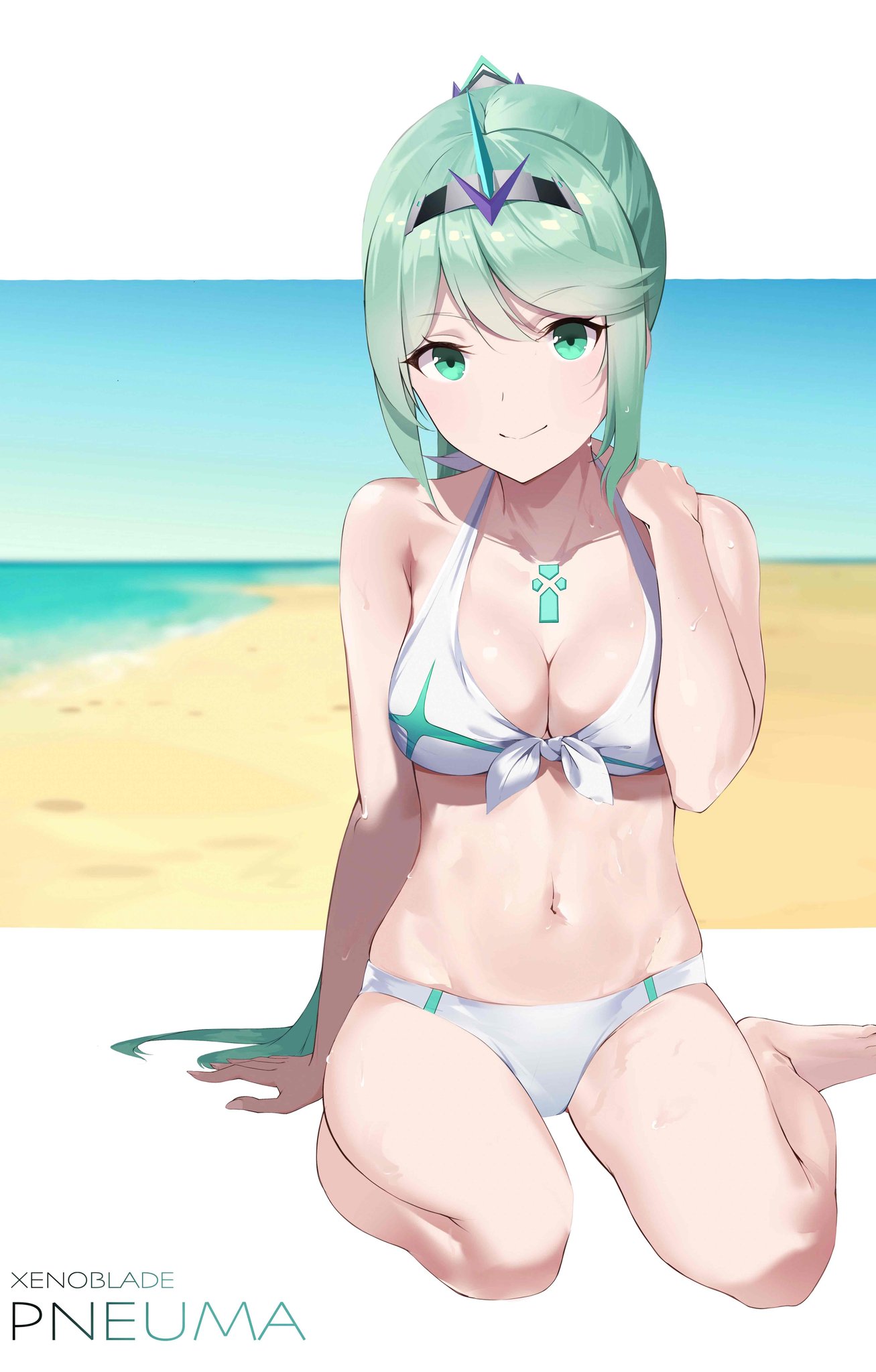 1girls bangs beach bikini bikini_bottom bikini_top blue_sky breasts cleavage clothed clothed_female day female female_focus female_only gradient green_eyes green_hair hair_ornament highres jewelry long_hair looking_at_viewer medium_breasts navel nintendo ocean pneuma ponytail pose rayhzx rubbing_neck sand seiza sitting sky smile solo solo_female swept_bangs swimsuit third-party_source very_long_hair wet white_bikini xenoblade_(series) xenoblade_chronicles_2