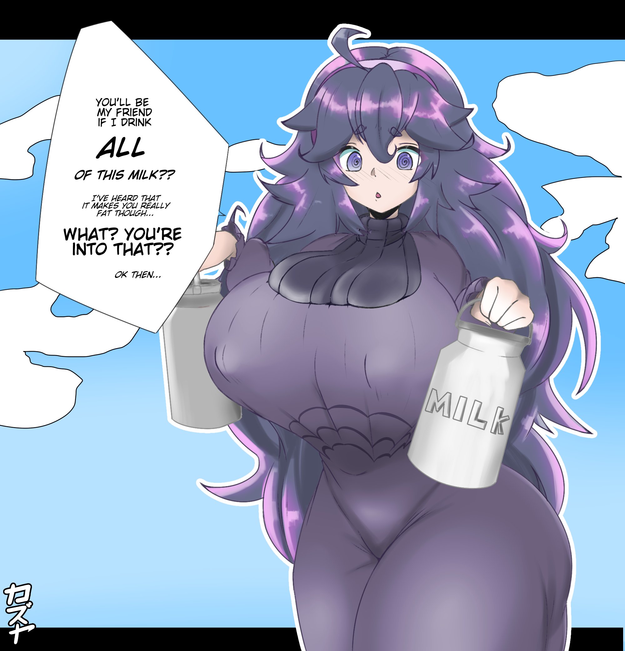 1girls, alternate breast size, breast expansion, breast growth, breast growth (enlargement), breasts, cow girl, dialogue, female, hex maniac, huge breasts, kazuya zoey, long hair, nintendo, pokemon, pokemon xy, purple hair, text