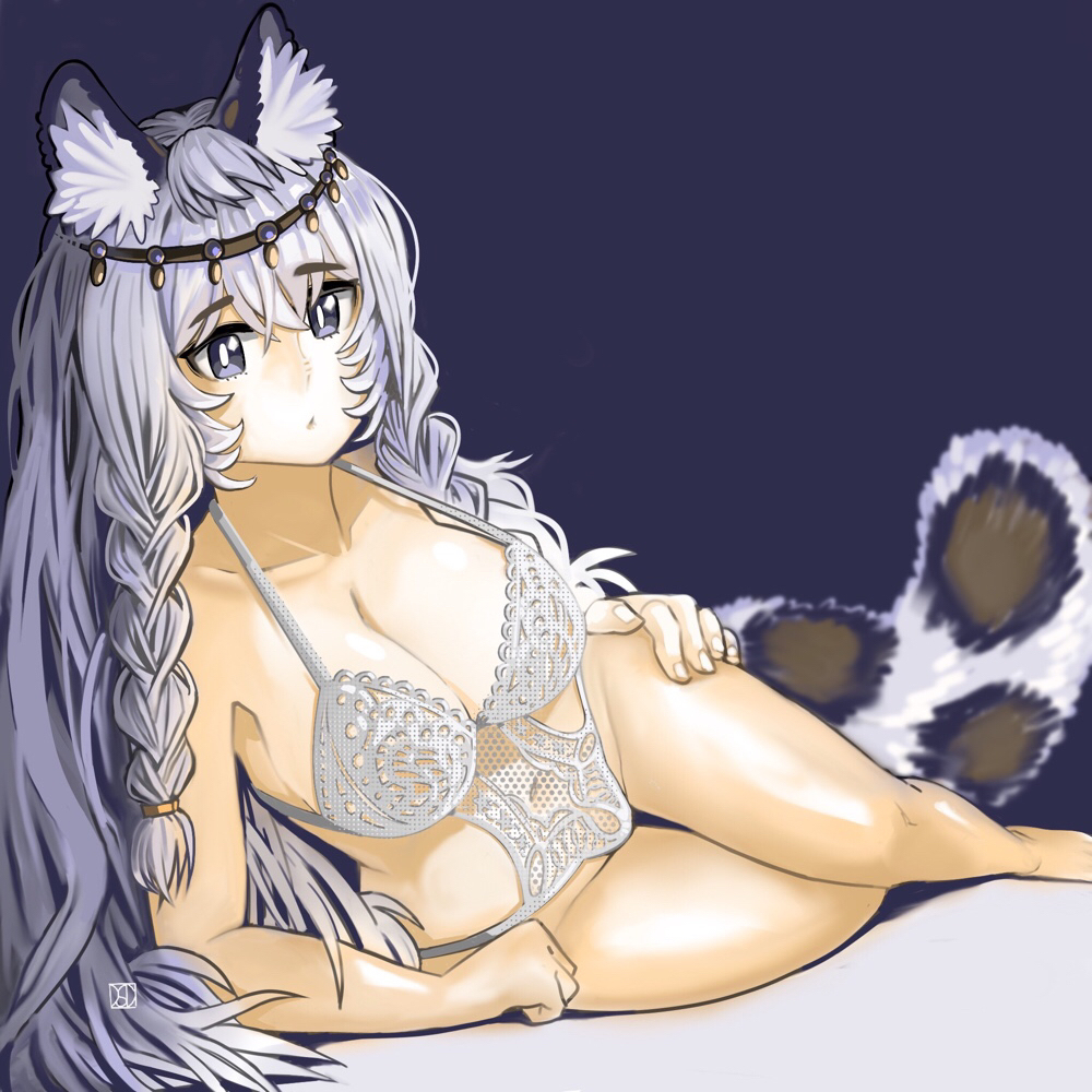 animal_ear_fluff animal_ears arknights braid braided_hair cat_ears cat_girl cat_tail circlet eyebrows_visible_through_hair fluffy_tail grey_eyes large_breasts lingerie long_hair pramanix_(arknights) thick_thighs white_hair white_lingerie