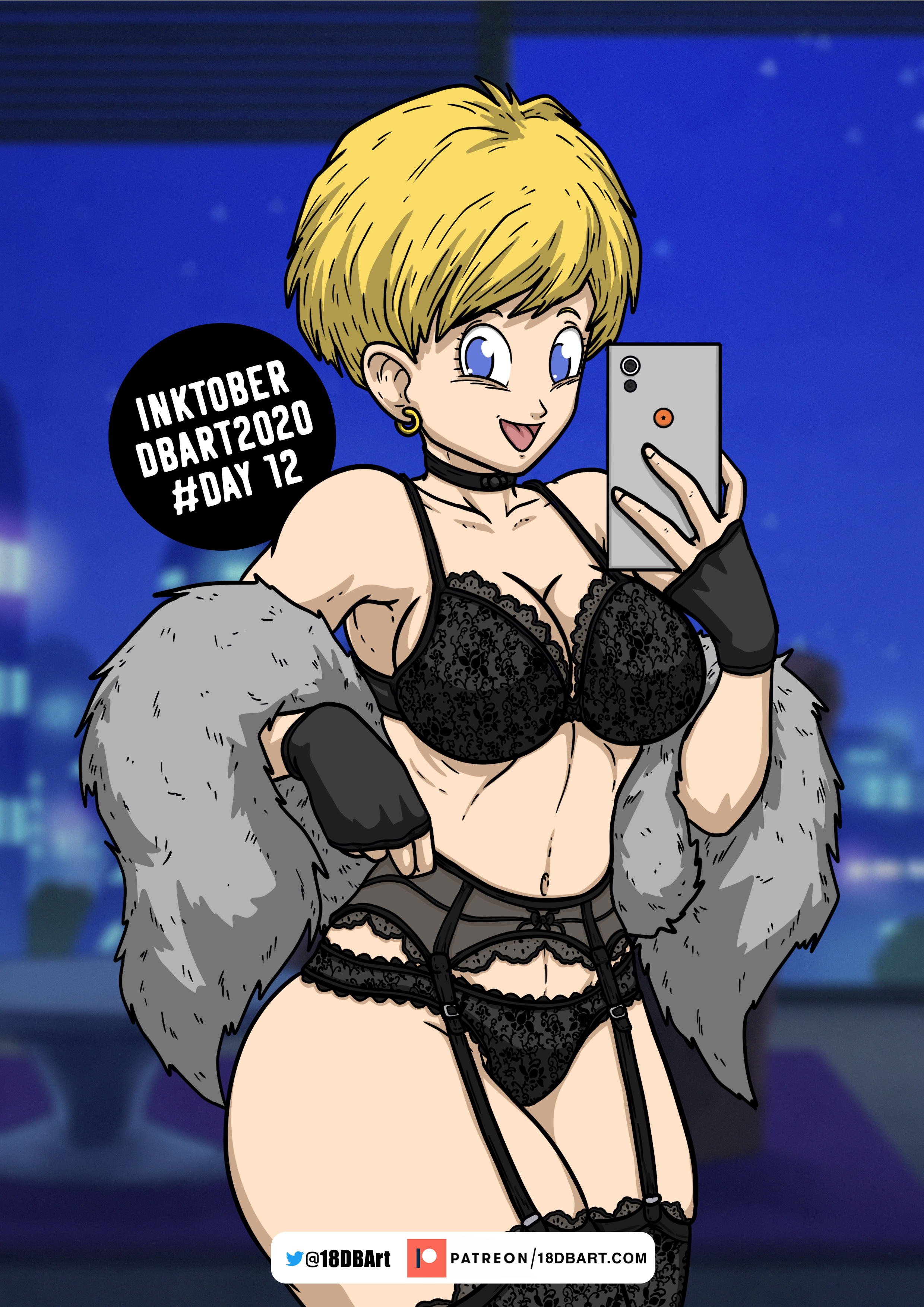 1girls, 2020, athletic, athletic female, bare shoulders, big breasts, black lingerie, black stockings, blonde hair, blue eyes, bra, breasts, busty, choker, city, cleavage, curvaceous, curvy, dbart+18, dragon ball, dragon ball z, earrings, erasa, female, female focus, female only, fingerless gloves, fur coat, garter belt, garter straps, gloves, hourglass figure, human, inktober, large breasts, light skin, light-skinned female, lingerie, navel, night, open mouth, panties, phone, pinup, pinup pose, pose, posing, ribs, selfie, short hair, smile, solo, solo female, standing, stockings, tagme, white skin, wide hips
