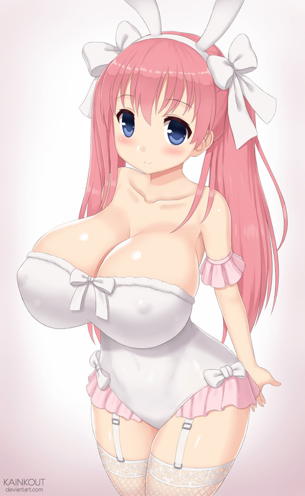 adorable, belly, belly button, big breasts, blush, breasts, bunny ears, bunnysuit, clothed, clothed female, cute, female, female only, garter belt, garter straps, haramura nodoka, huge breasts, kainkout, large breasts, looking at viewer, nipples, nipples visible through clothing, pink hair, saki, simple background, smile, solo, solo female, thick, thick thighs, thighhighs, thin waist, young