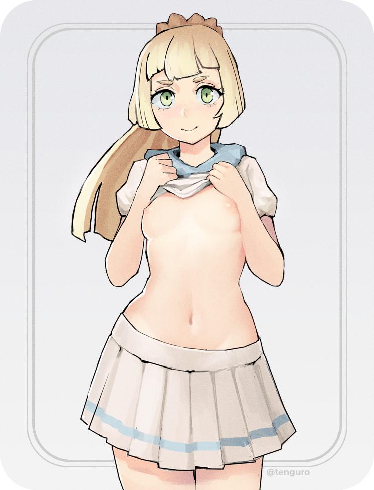 1girls blonde_hair breasts clothed clothed_female female female_only lillie_(pokemon) nintendo pokemon pokemon_sm ponytail shirt_lift simple_background skirt small_breasts solo solo_female tenguro young