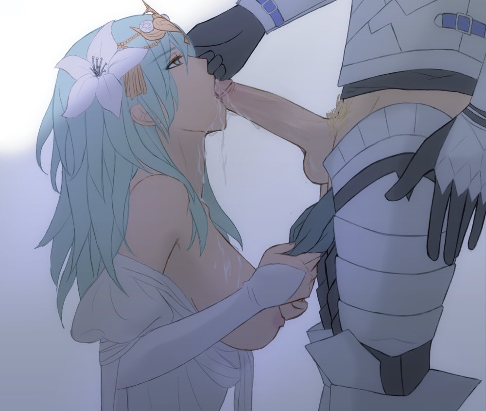 1boy 1girls armor big_breasts breasts breasts_out byleth_(fire_emblem) byleth_(fire_emblem)_(female) clothing cum cum_in_mouth cum_on_breasts cum_on_throat cum_on_upper_body dimitri_alexandre_blaiddyd fellatio female fire_emblem fire_emblem:_three_houses green_hair kariniarts long_hair looking_up male nintendo oral pubic_hair sideboob