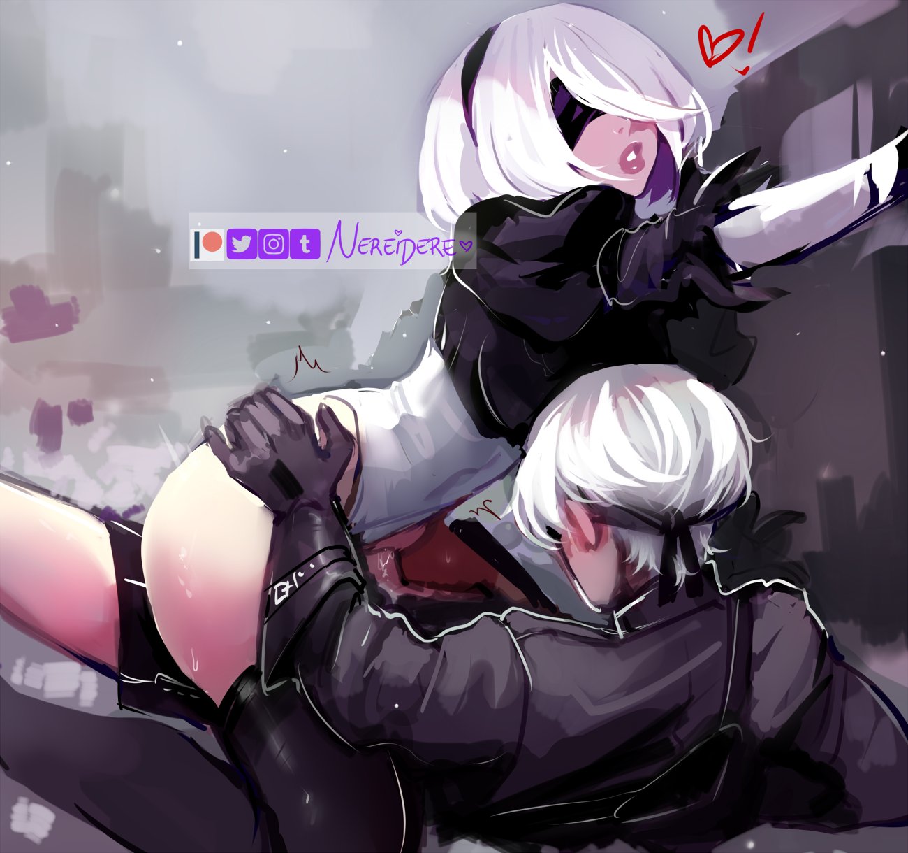 1boy black_blindfold black_legwear blindfold clothed_sex commentary covered_eyes cowgirl_position english_commentary feather-trimmed_sleeves female highres leotard leotard_aside luster nereidere nier:_automata nier_(series) penis pussy_juice sex short_hair signature straddling straight thighhighs thighs torso_grab uncensored vaginal_penetration vambraces watermark white_hair white_leotard yorha_2b yorha_9s