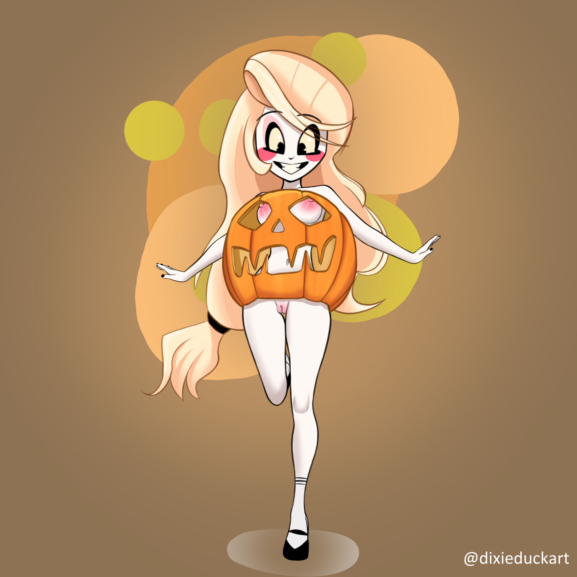 1girls, blonde hair, breasts, casual, charlie morningstar, charlie morningstar (hazbin hotel), clothing, cute, female, footwear, functionally nude, halloween, hazbin hotel, humanoid, ineffective clothing, pale skin, pumpkin, pussy, straight hair, tagme, vivienne medrano