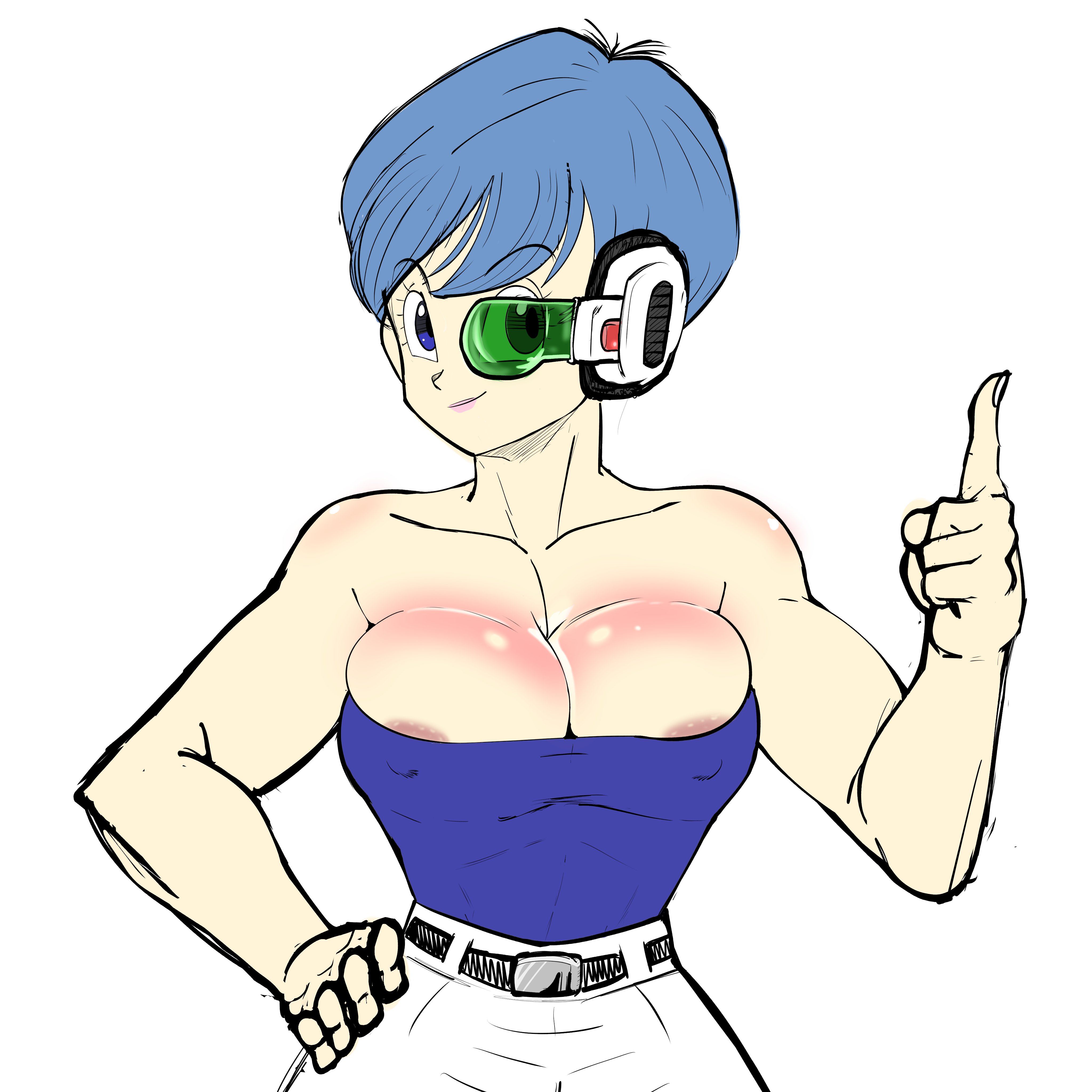 about to burst, areola slip, areolae, bare shoulders, barely contained, barely contained breasts, barely fits, belt, biceps, big breasts, blue eyes, blue hair, blue topwear, breasts, breasts too big, bulma, bulma (beginnings of dragon ball z), bulma briefs, bursting breasts, busty, collar, dragon ball, dragon ball z, erect nipples, female, female focus, female only, green-tinted eyewear, hourglass figure, imminent wardrobe malfunction, inconvenient boobs, large breasts, lipstick, nipple bulge, nipples, overflowing breasts, panties, pose, posing, pseudocel, scouter, sex, short hair, solo, standing, strained clothing, straining clothing, tight fit, tinted eyewear, toned, toned female, too tight, topwear, tubetop, undersized clothes, undersized clothing, wardrobe malfunction, wide hips