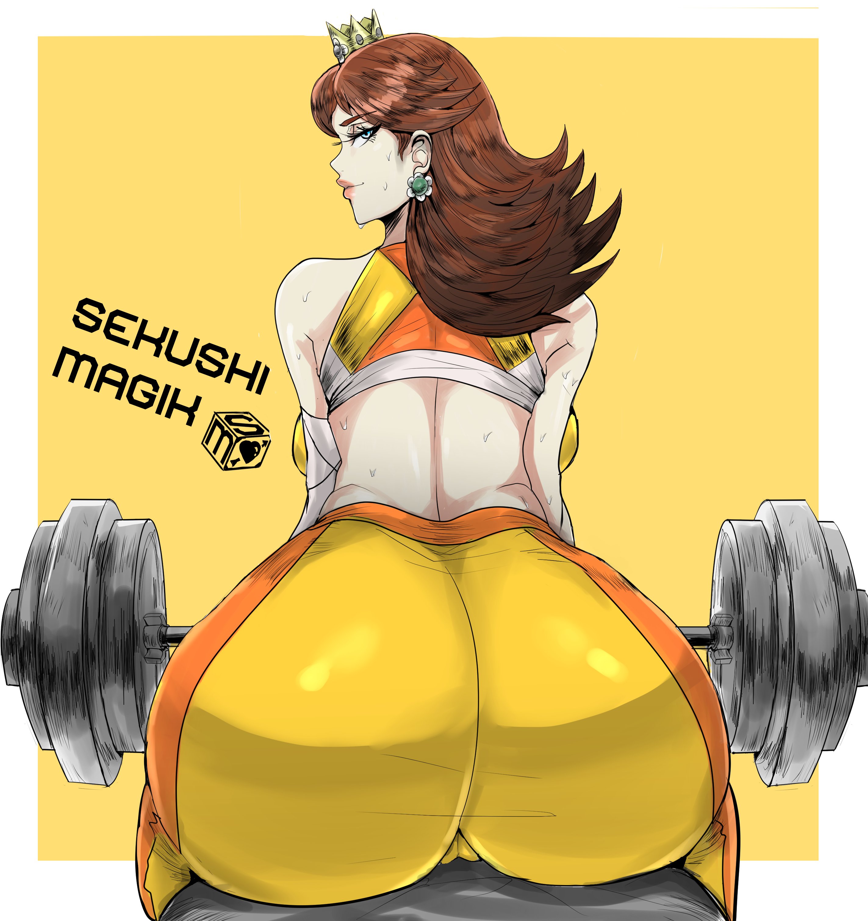 1girls, alternate ass size, ass, ass focus, back, back view, barbell, blue eyes, bottom heavy, breasts, brown hair, clothing, crown, dumbbell, female, female only, gigantic ass, huge ass, looking at viewer, looking back, mario (series), nintendo, princess daisy, seductive, sekushimagik, simple background, solo, solo female, sportswear, sweat, tight clothing, weightlifting, white border, workout, yellow background