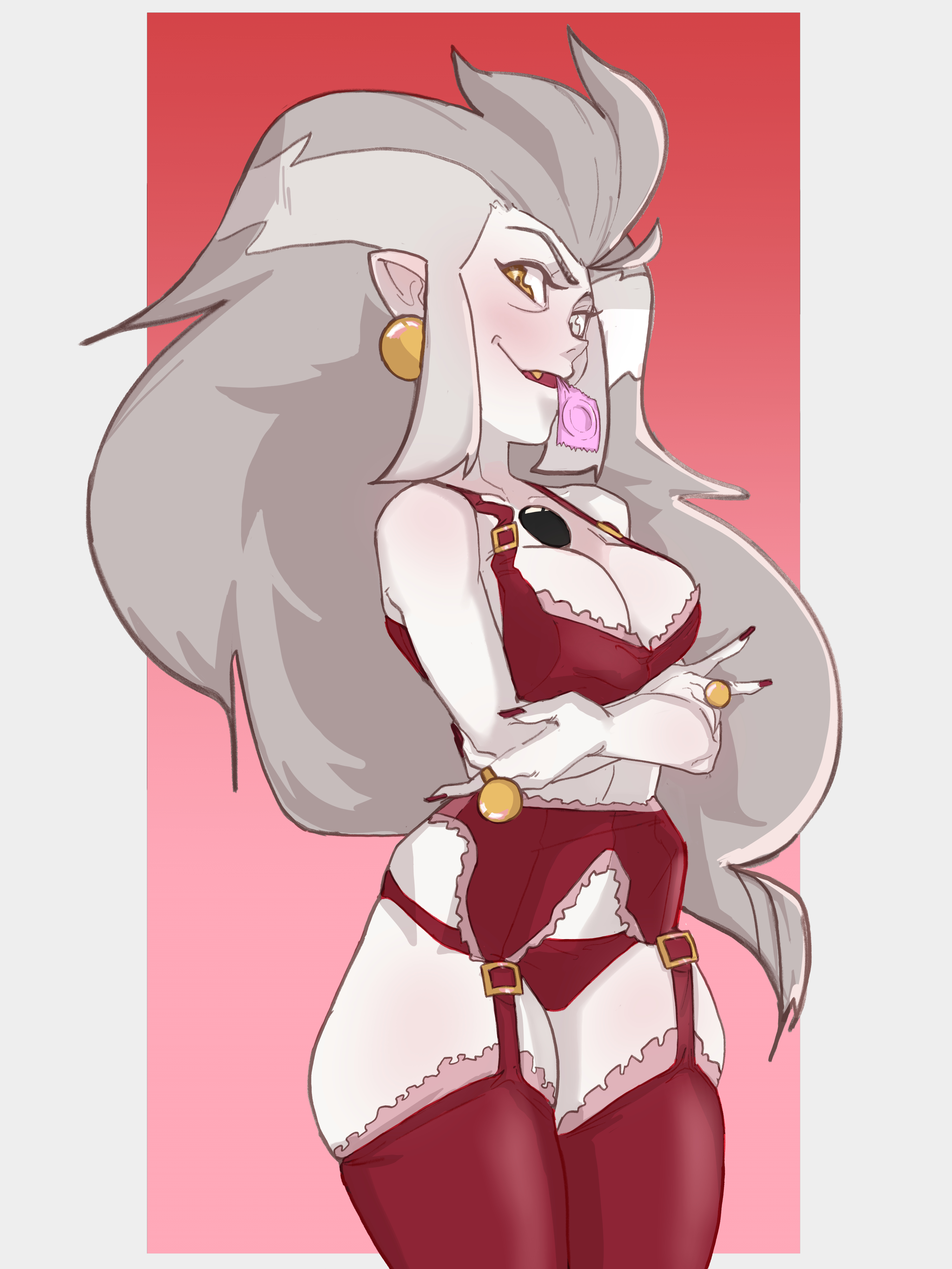 1girls, artist request, bra, breasts, condom, condom in mouth, condom wrapper, crossed arms, disney, disney channel, earrings, eda clawthorne, female, female only, garter belt, garter straps, grey hair, heterochromia, lingerie, long hair, mature female, nails, panties, pointy ears, red bra, red garter belt, red garter straps, red lingerie, red nails, red panties, red stockings, smile, smooth skin, solo, stockings, the owl house, white body, white skin, witch, witch (the owl house)