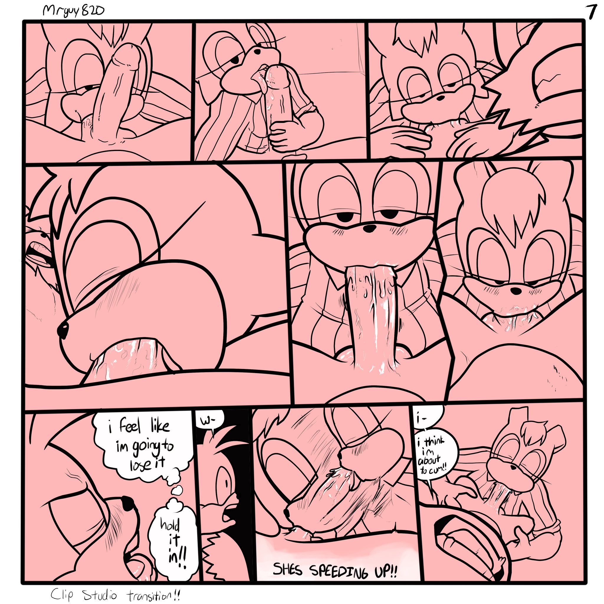 animal, anthro, balls, blowjob, bunny ears, canine, clothed, clothed female, clothed female nude male, comic, cum, cum announcement, deepthroat, dialogue, endured face, english dialogue, english text, erection, eye contact, fast, fellatio, female, fox, head tilt, imminent orgasm, lagomorph, leporid, licking penis, male, mammal, milf, mobian (species), monochrome, mrguy820, no gag reflex, nude, nude male, older female, oral, oral sex, panels, penis, pov, rabbit, resisting orgasm, saliva, seductive look, sega, sonic (series), sonic the hedgehog (series), speech bubble, straight, sucking balls, sucking testicles, tails, tails the fox, testicles, text, thought bubble, tongue, tongue out, vanilla the rabbit, video games, young