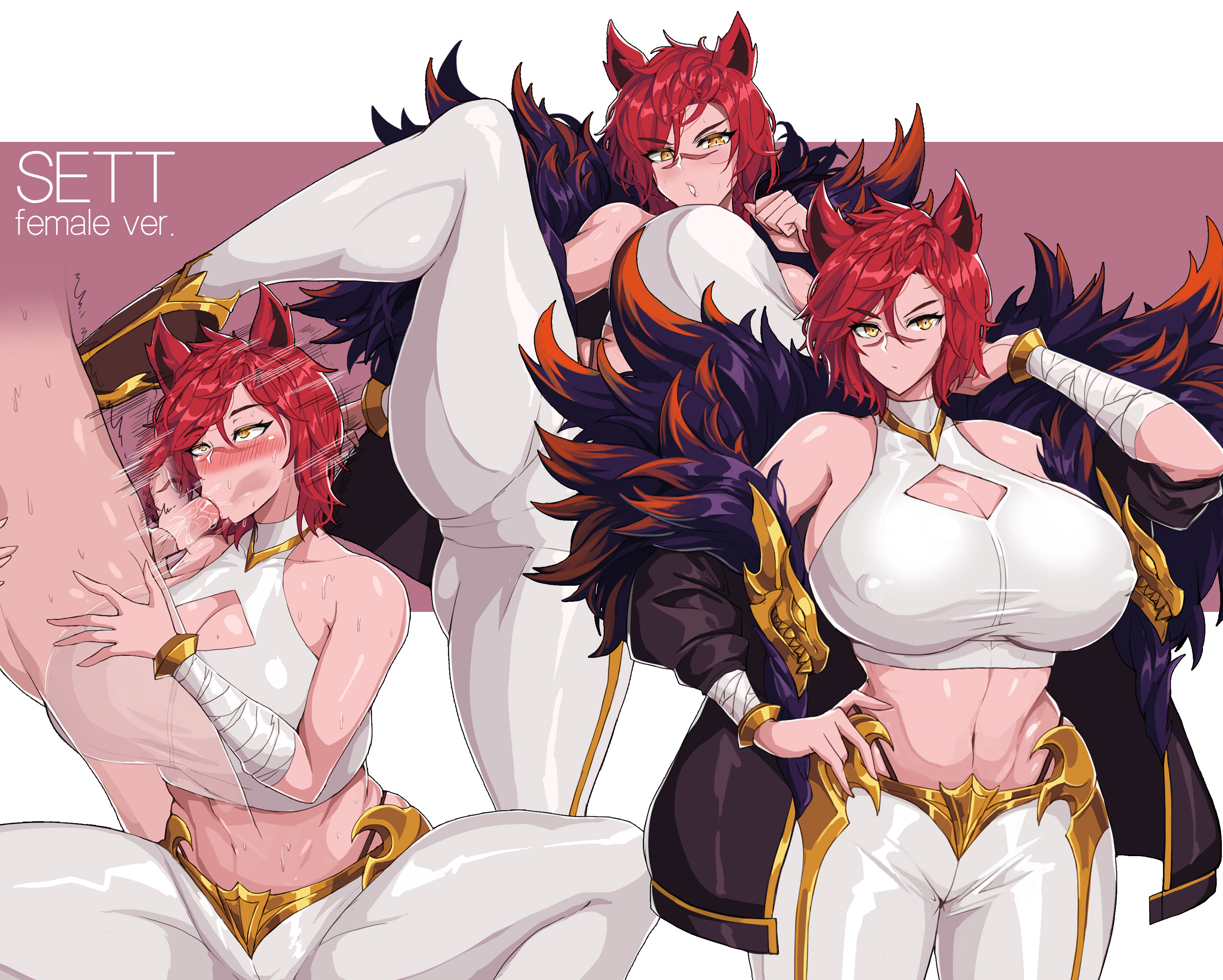 big breasts, big thighs, blowjob, breasts, drogod (artist), fellatio, female, female version, kemonomimi, league of legends, red hair, rule 63, sett, tagme, yellow eyes