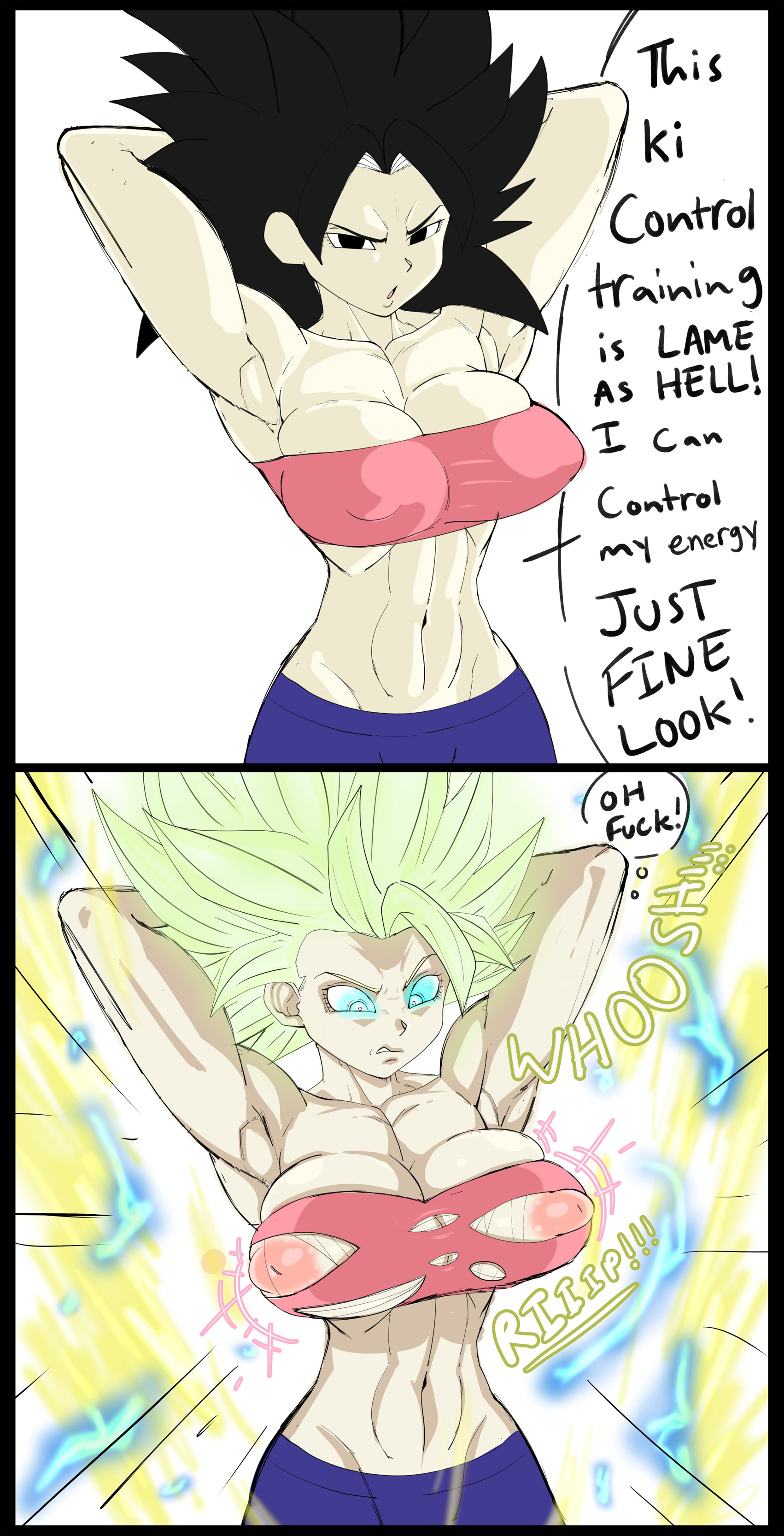 1girls, armpits, arms behind head, arms up, biceps, big breasts, black hair, blonde hair, breast enlargement, breast expansion, breast growth, breast growth (enlargement), breast inflation, breasts, breasts bigger than head, busty, caulifla, dragon ball, dragon ball super, female, female focus, female saiyan, green eyes, hourglass figure, large breasts, light skin, light-skinned female, muscular, muscular female, navel, overflow, pseudocel, saiyan, sex, short hair, shounen jump, spiky hair, super saiyan, super saiyan 2, thick thighs, tight clothing, tight fit, torn clothes, tube top, tubetop, universe 6 saiyan/universe 7 saiyan, universe 6/universe 7, wardrobe malfunction, wide hips