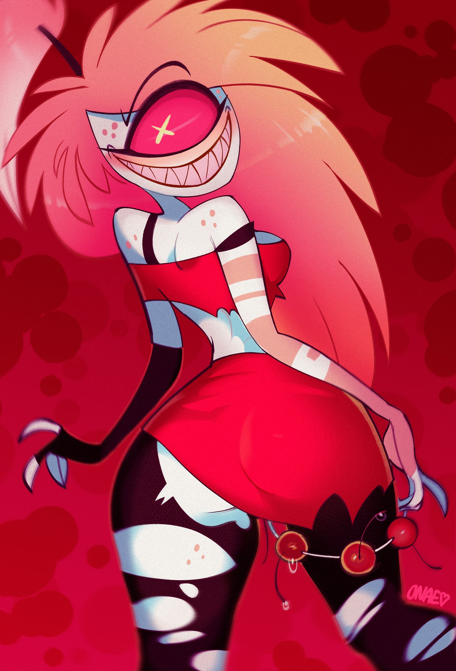 1girls, 2020, anal, anal beads, ass, big ass, bottom heavy, breasts, cherri bomb, child bearing hips, clothing, cyclops, demon, demon girl, female, female focus, female only, grin, hazbin hotel, hips wider than shoulders, hourglass figure, huge ass, large ass, looking at viewer, looking back, medium breasts, onae, sharp teeth, small waist, smooth skin, solo, spindlehorse toons, thick thighs, thighs, thin waist, thunder thighs, tied hair, torn clothes, vivienne medrano, vivziepop, white skin, wide hips