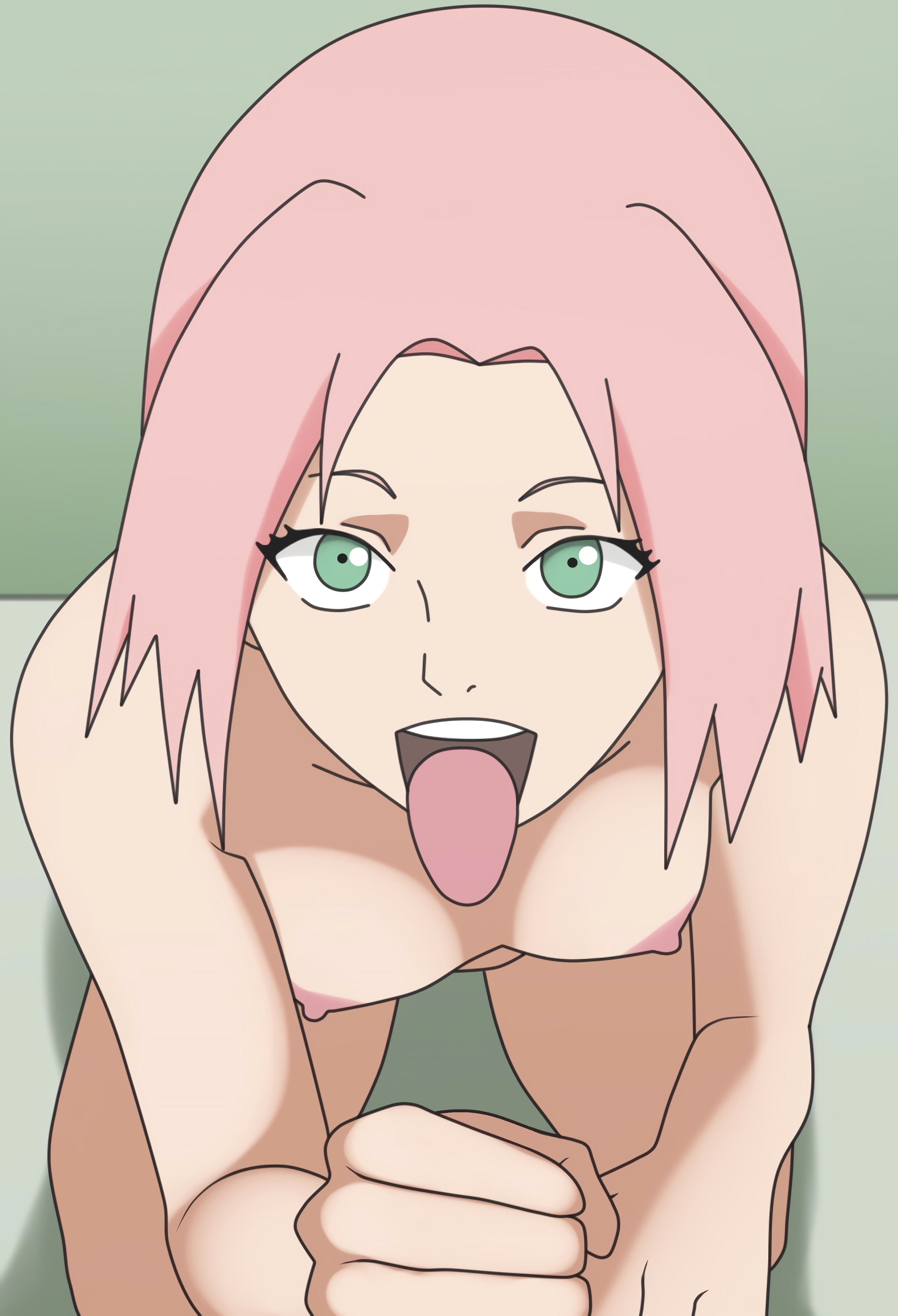 1girls, areolae, breasts, fellatio gesture, female, female only, green eyes, kneeling, looking at viewer, naked, naruto, naruto (series), naruto shippuden, nipples, nude, on knees, oral invitation, pink hair, sakura haruno, solo, tongue, tongue out
