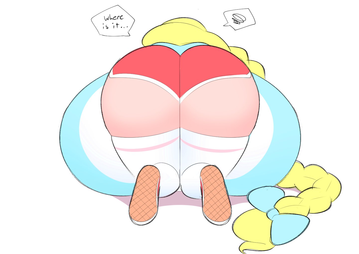 2d, 2d (artwork), ass, ass up, bent over, blonde hair, braided hair, braided ponytail, breast press, breast rest, breasts, cassie (theycallhimcake), english text, female, gigantic breasts, gym shorts, hyper, hyper breasts, kneeling, large ass, laying on breasts, laying on floor, long hair, looking away, lying, lying on breasts, on all fours, on breasts, on floor, on knees, self lying, sexually suggestive, simple background, speech bubble, striped clothing, suggestive, text bubble, theycallhimcake, thick thighs, thighhighs, white background, yellow hair