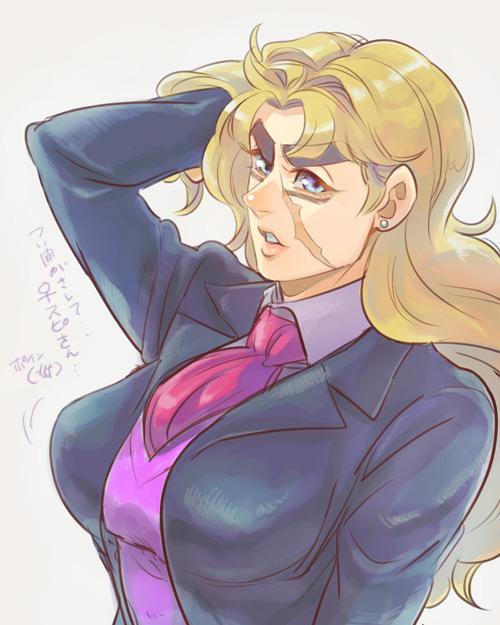 1girls artist_request breasts earrings female human jojo's_bizarre_adventure light-skinned_female light_skin long_hair phantom_blood robert_edward_o_speedwagon rule_63 shounen_jump suit tagme tie yellow_hair