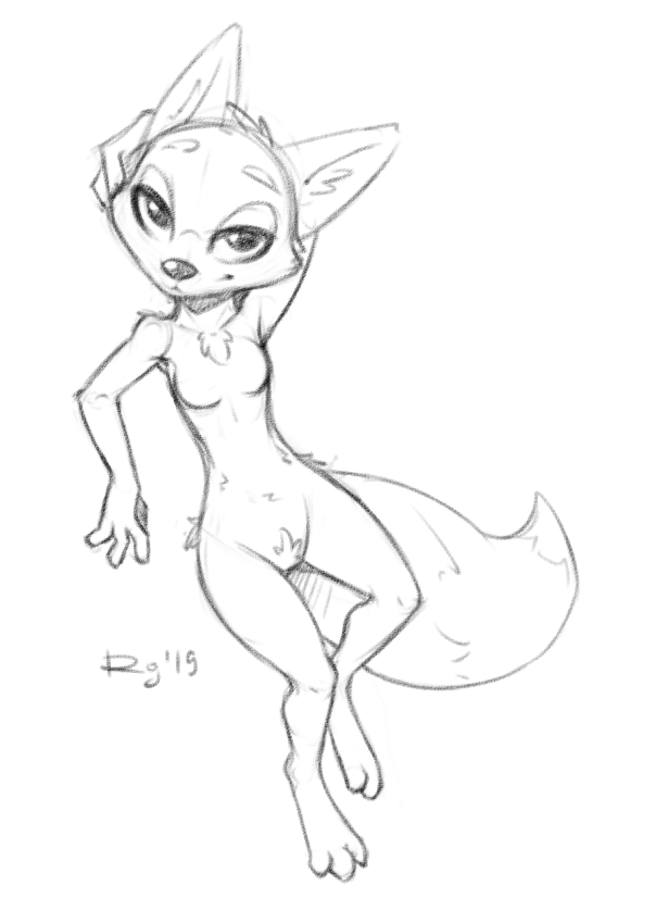 2019 anthro arctic_fox breasts canid canine cheek_tuft chest_tuft crotch_tuft disney facial_tuft featureless_breasts female flat_chest fox fur hand_behind_head head_tuft inner_ear_fluff looking_at_viewer mammal monochrome qrog rough_sketch simple_background sitting skye_(zootopia) solo tuft white_background zootopia