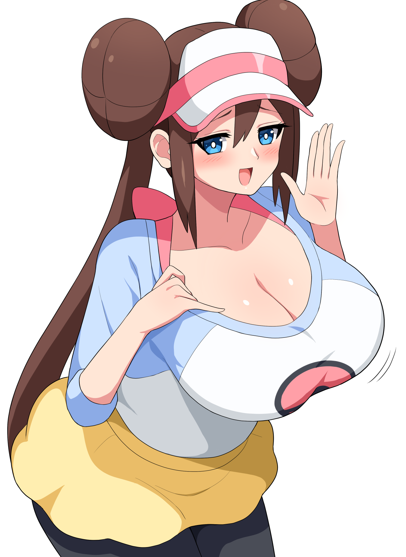 1girls, aikome (haikome), alternate breast size, big breasts, blue eyes, blush, breasts, brown hair, cleavage, double bun, eye contact, female, fully clothed, haikome, hat, huge breasts, large breasts, long hair, looking at viewer, nintendo, pokemon, pokemon bw2, rosa (pokemon), skirt, twintails, white background