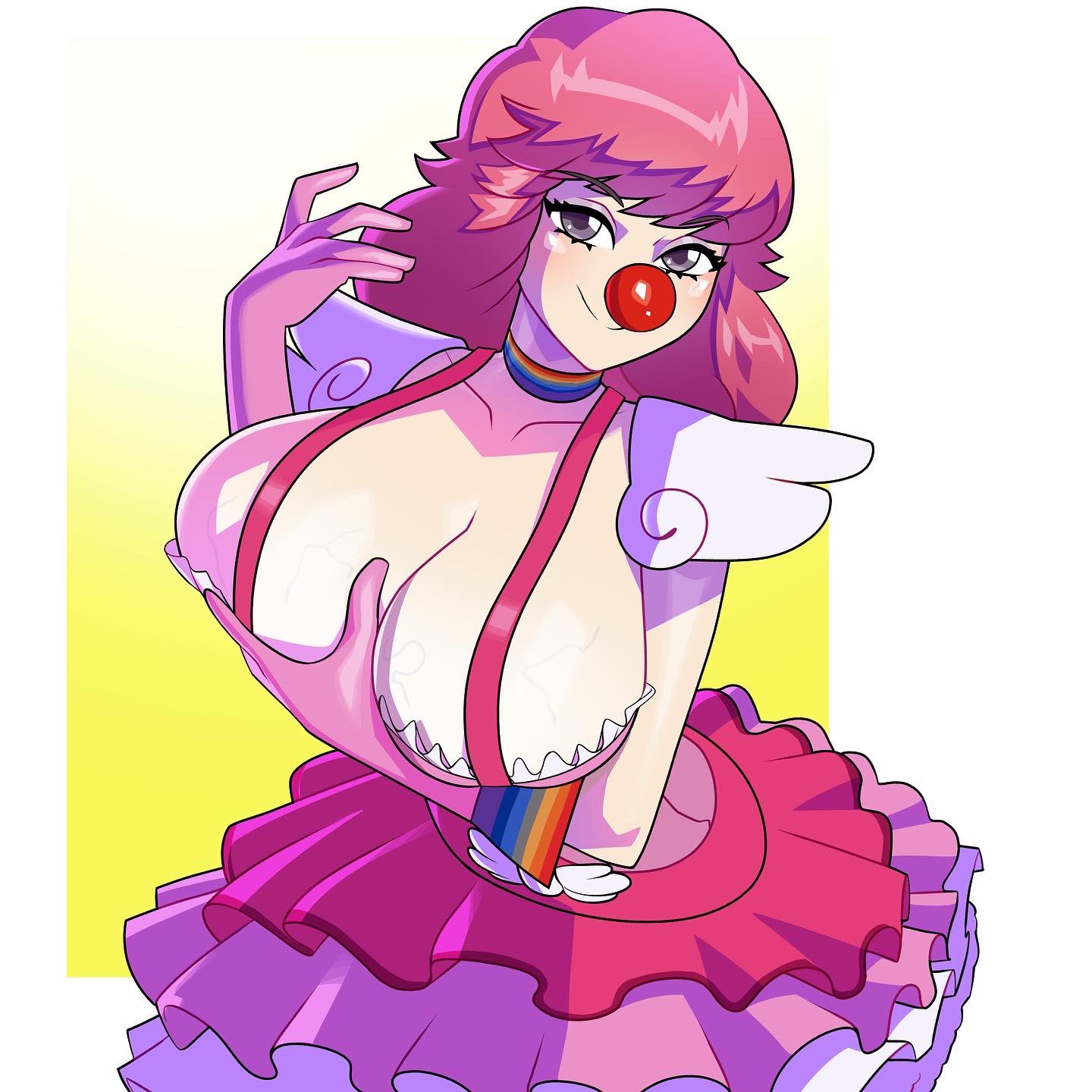 1girls big_breasts breast_focus breast_support breasts breasts_focus breasts_support busty choker cleavage clown clown_girl clown_nose clussy clussy_fever clussy_meme curvy dress eye_contact female female_focus female_only geiru_toneido gloves gray_eyes grey_eyes gyakuten_saiban holding holding_own_breast large_breasts light-skinned_female light_skin looking_at_viewer minicop2001 pink_hair pov_eye_contact rainbow_choker simple_background skirt smile smiling smiling_at_viewer solo solo_female solo_focus suspenders tagme voluptuous